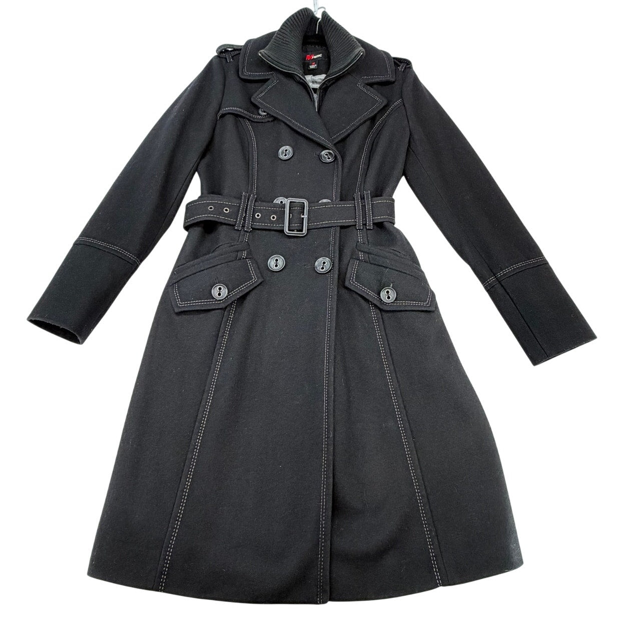 Mystic Black Wool Blend Lined Zipper and Button Front Belted Trench Coat S