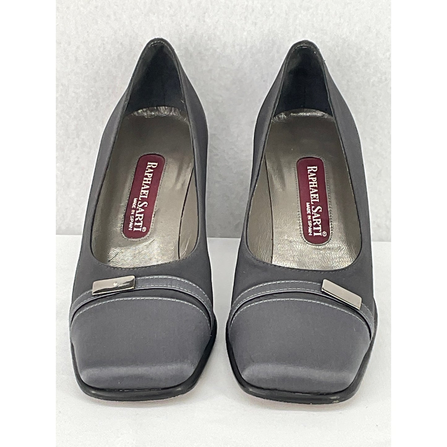 Raphael Sarti Gray Square Toe Satin Block Heel Pumps 7M