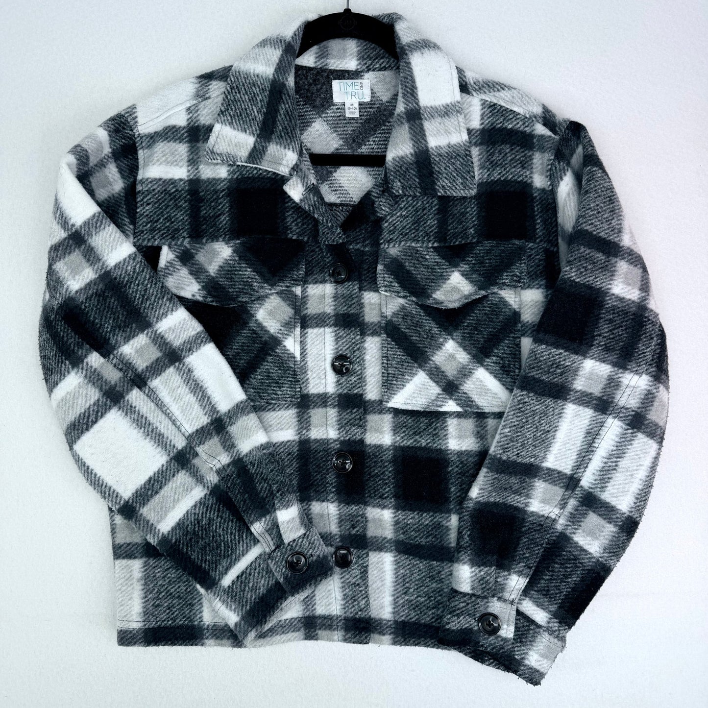 Time and Tru Black White Plaid Thick Cropped Car Coat Shacket M (8-10)