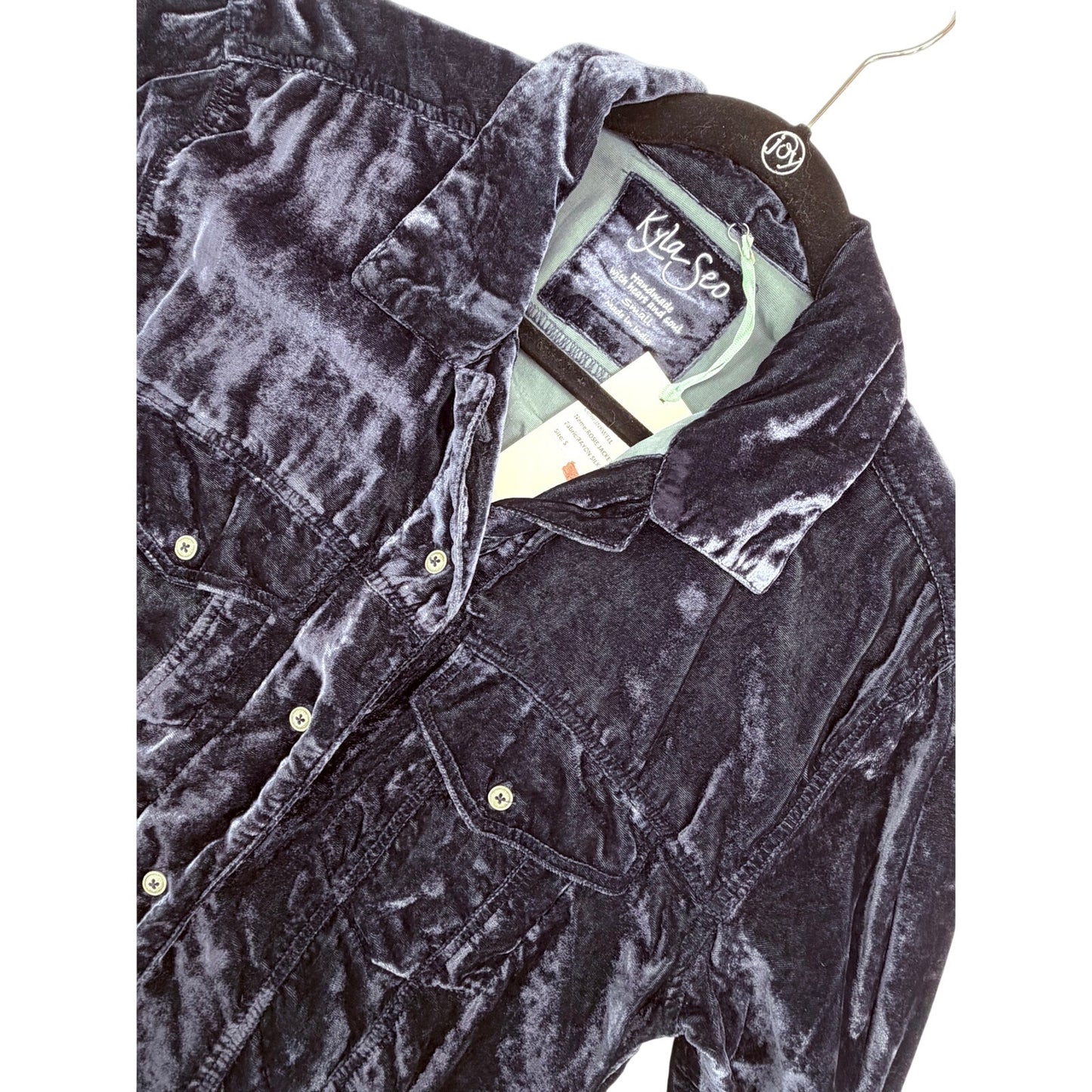 Kyla Seo Rosie Blue Crushed Velvet Trucker Western Boho Silk Blend Jacket S NWT