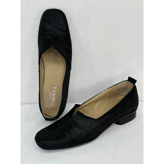 Sesto Meucci Italian Designer Black Shimmer Mini-Heel Slip On Loafers 7N