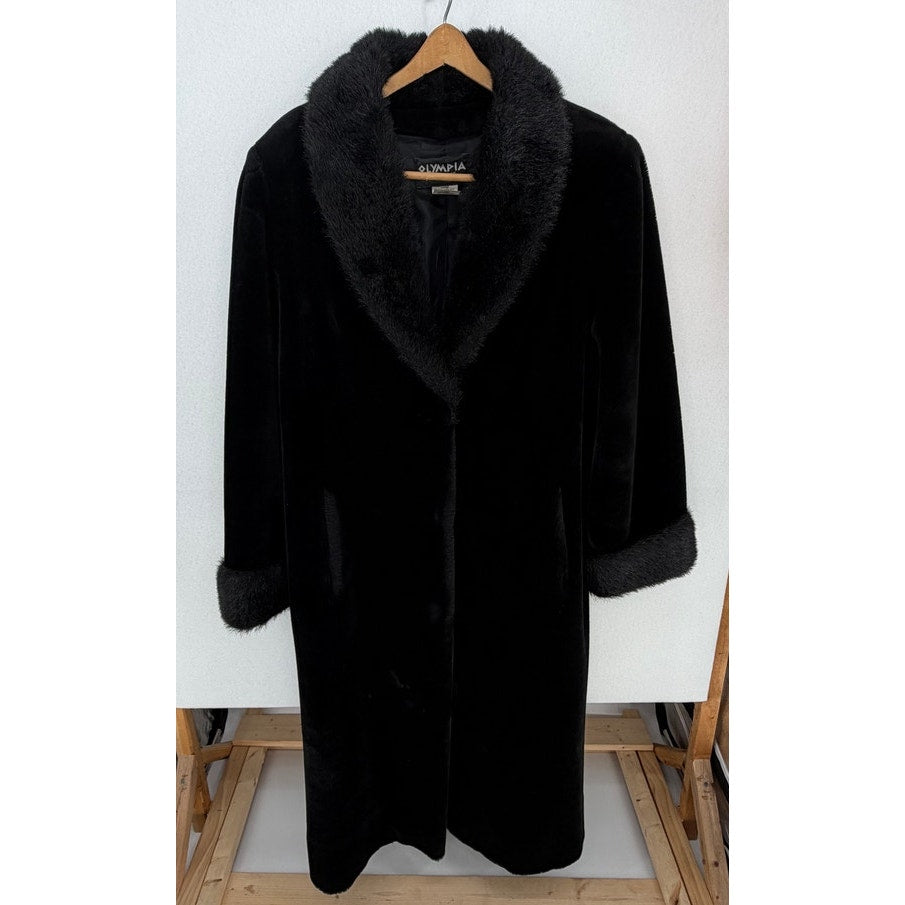 Olympia Limited Inc Black Faux Fur Long Coat Pockets Fully Lined 3 Clasp Closure L