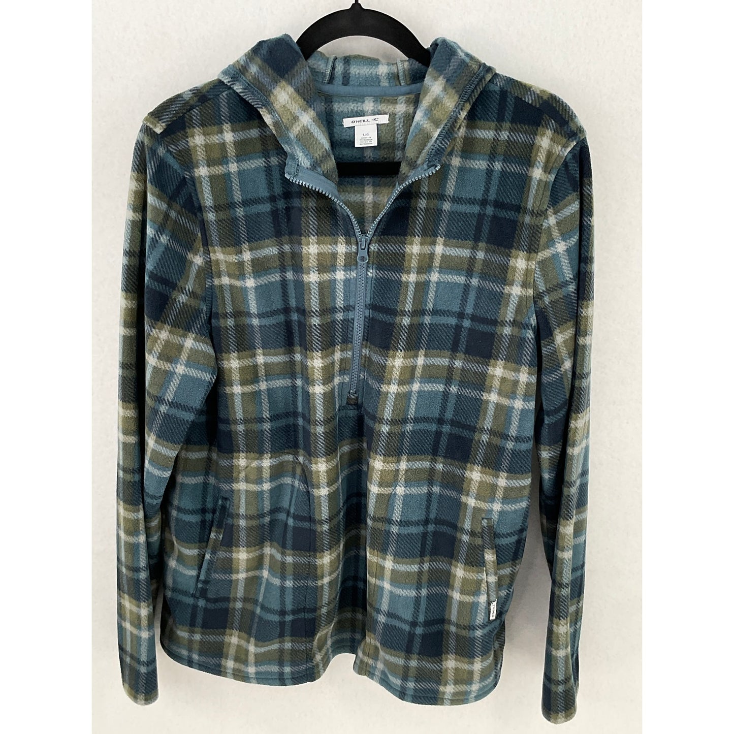 O'Neill Blue Plaid Quarter Zip Hoodie w/ Front Pockets, Men's L