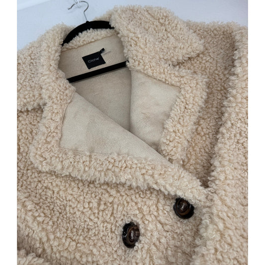 Cliche' Cream Teddy Bear Sherpa Faux Suede Lining Button Front Mid-length Coat L