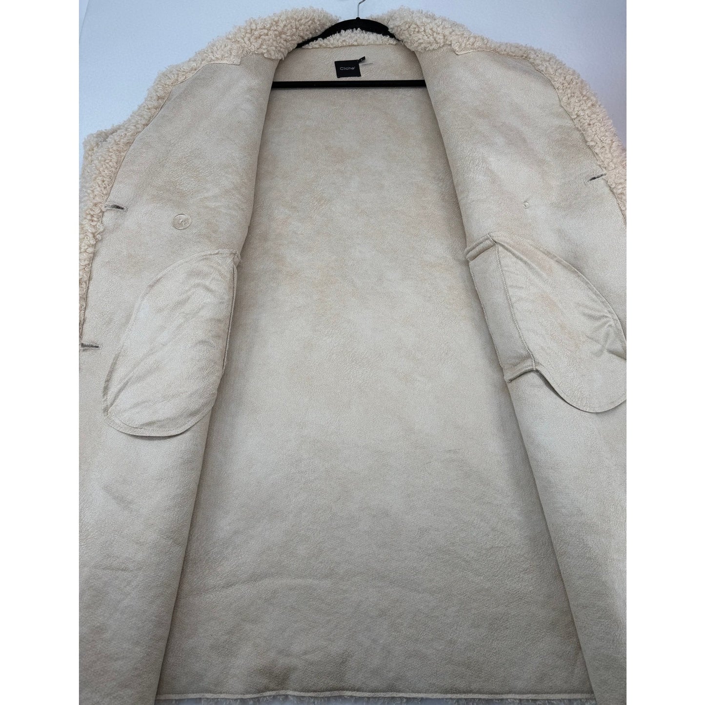 Cliche' Cream Teddy Bear Sherpa Faux Suede Lining Button Front Mid-length Coat L