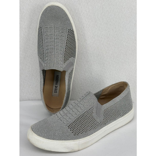 Steve Madden Freeda Stretch Knit Metallic Silver Slip On Sneakers 8.5