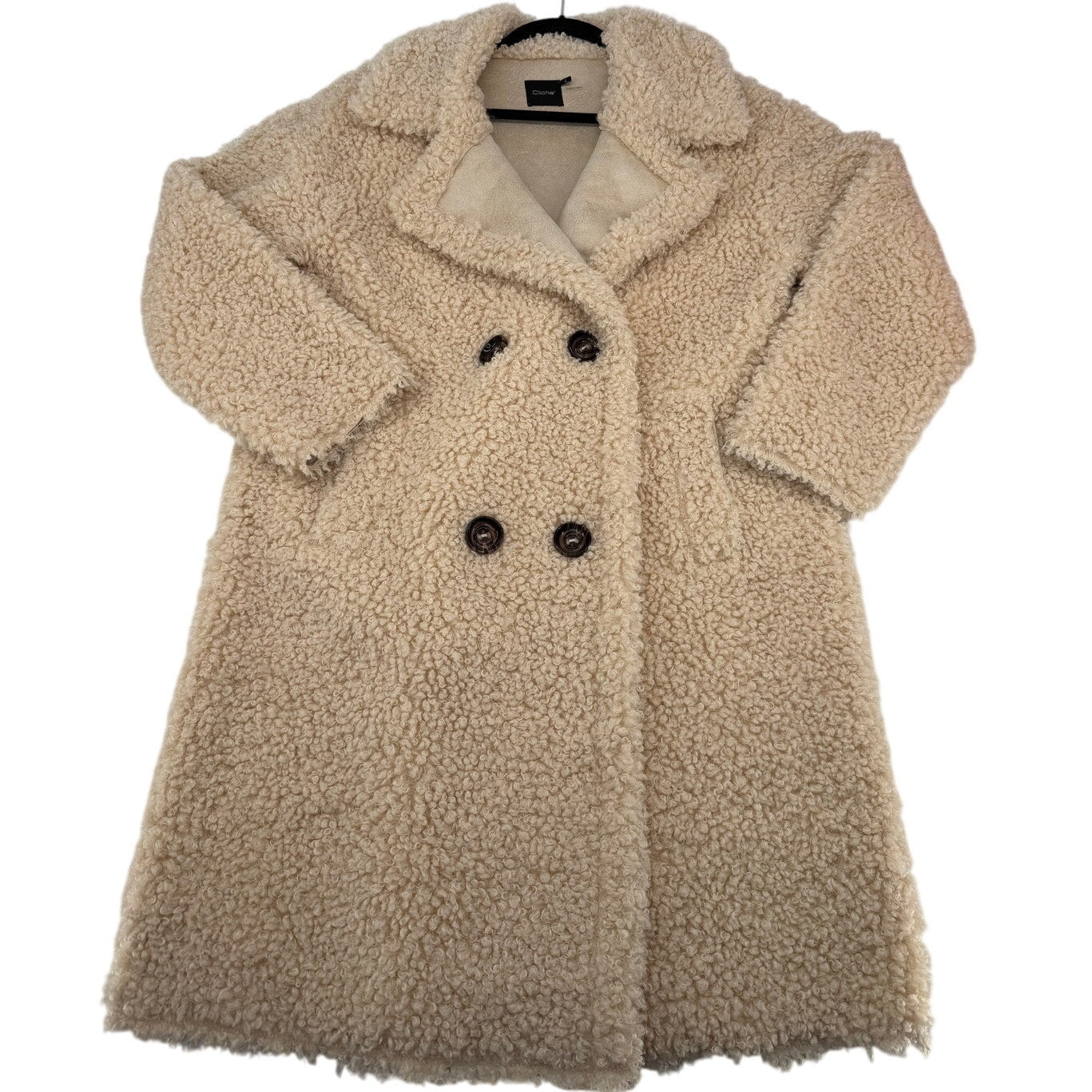 Cliche' Cream Teddy Bear Sherpa Faux Suede Lining Button Front Mid-length Coat L