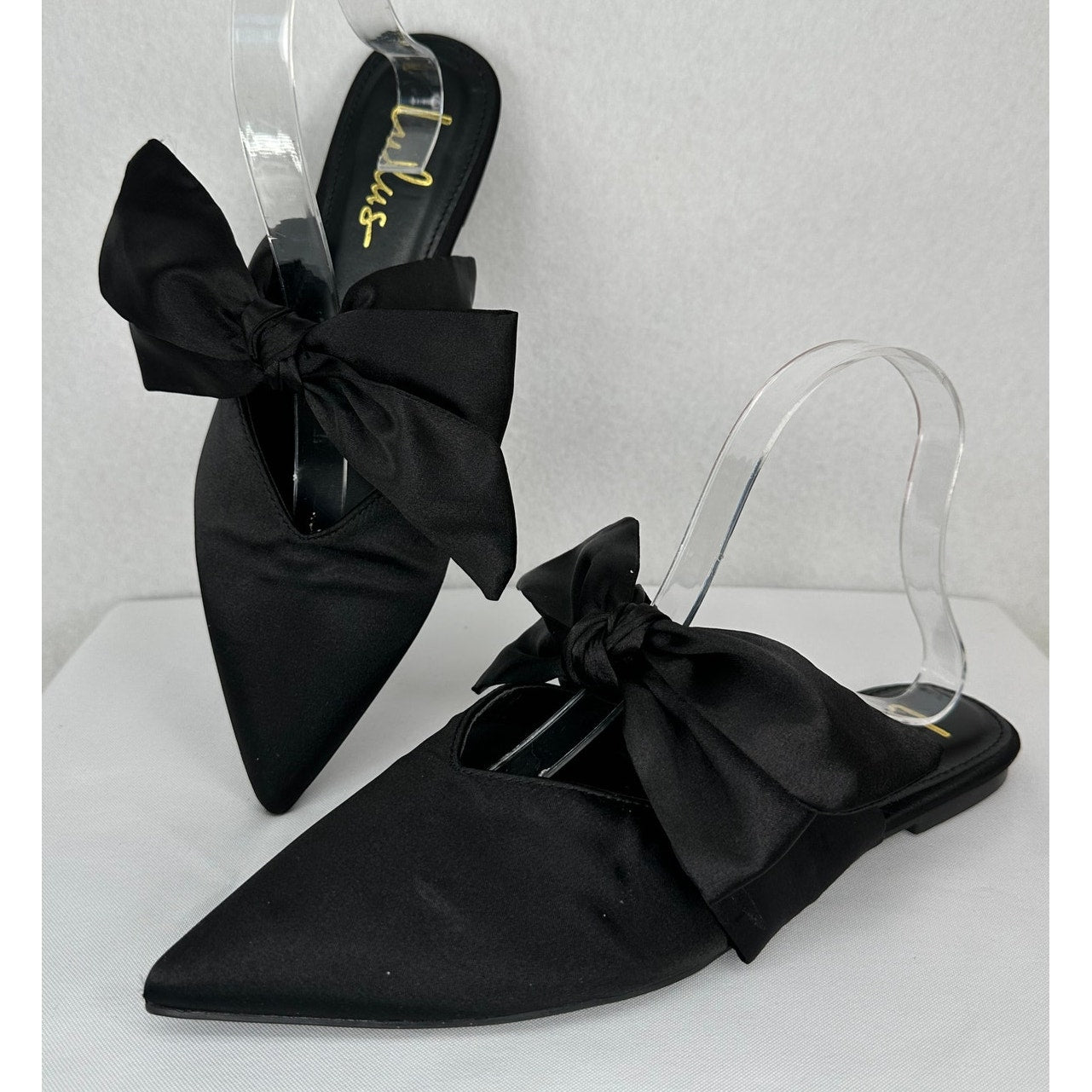 Lulus Sylviee Black Satin Pointed Toe Bow Mules Flats Party Shoes 8