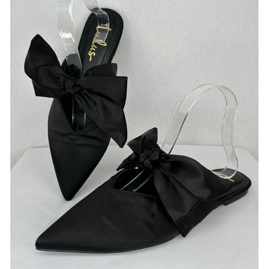 Lulus Sylviee Black Satin Pointed Toe Bow Mules Flats Party Shoes 8