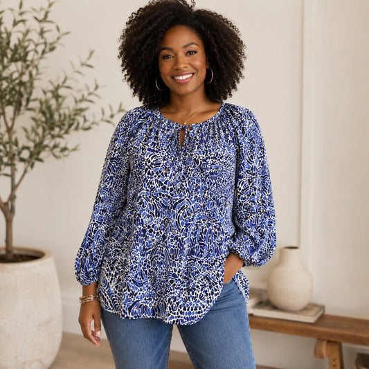 Lilly Pulitzer Blue/Black/White Patterned Key Hole Long Sleeve Top Women's M