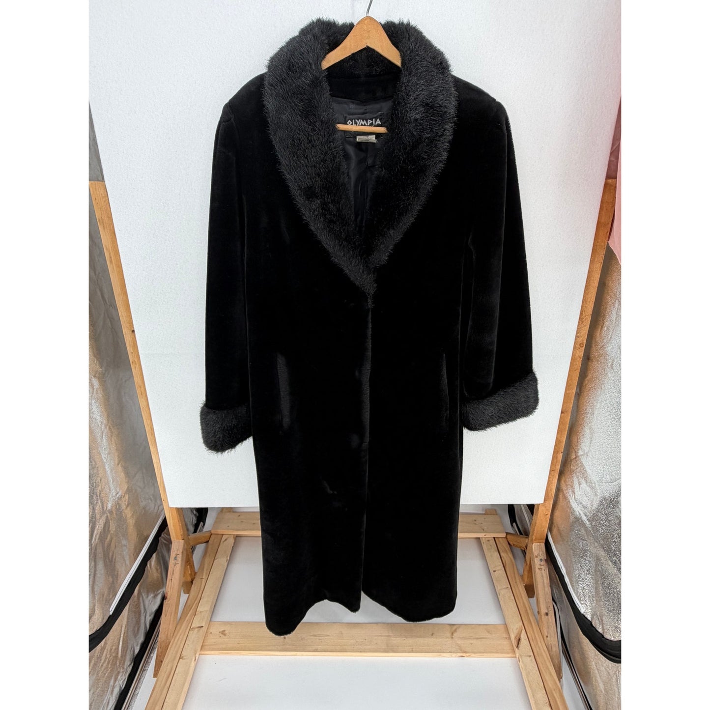 Olympia Limited Inc Black Faux Fur Long Coat Pockets Fully Lined 3 Clasp Closure L