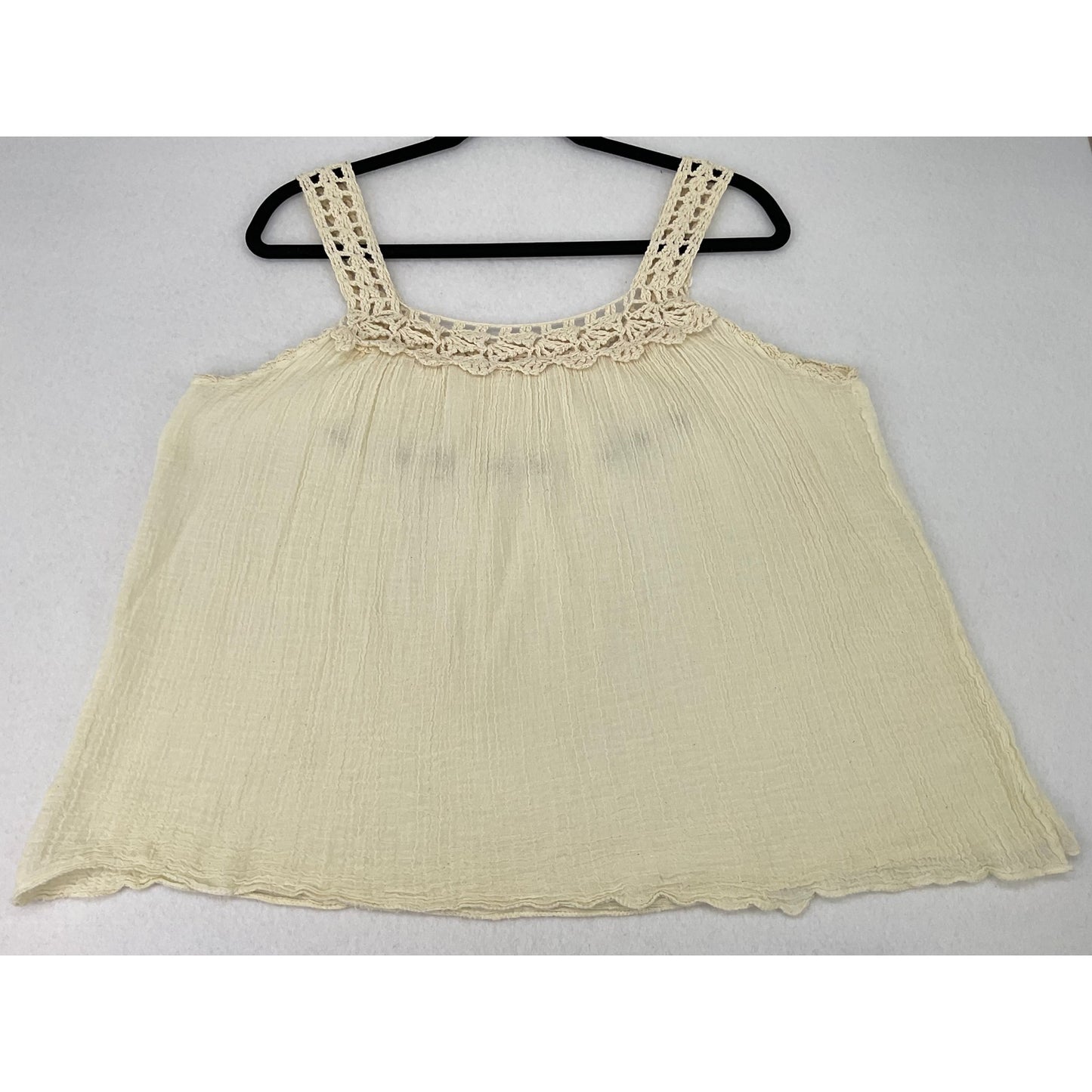 Cream Gauze Tank Top w/ Crochet Beaded Neckline Coastal Cowgirl Beachy Summer