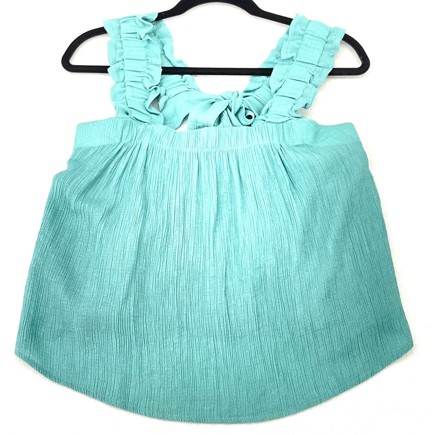 E & M Teal Gauze Ruffle Straps Back Bow Tie Vacation Cottage Summer Tank Top L