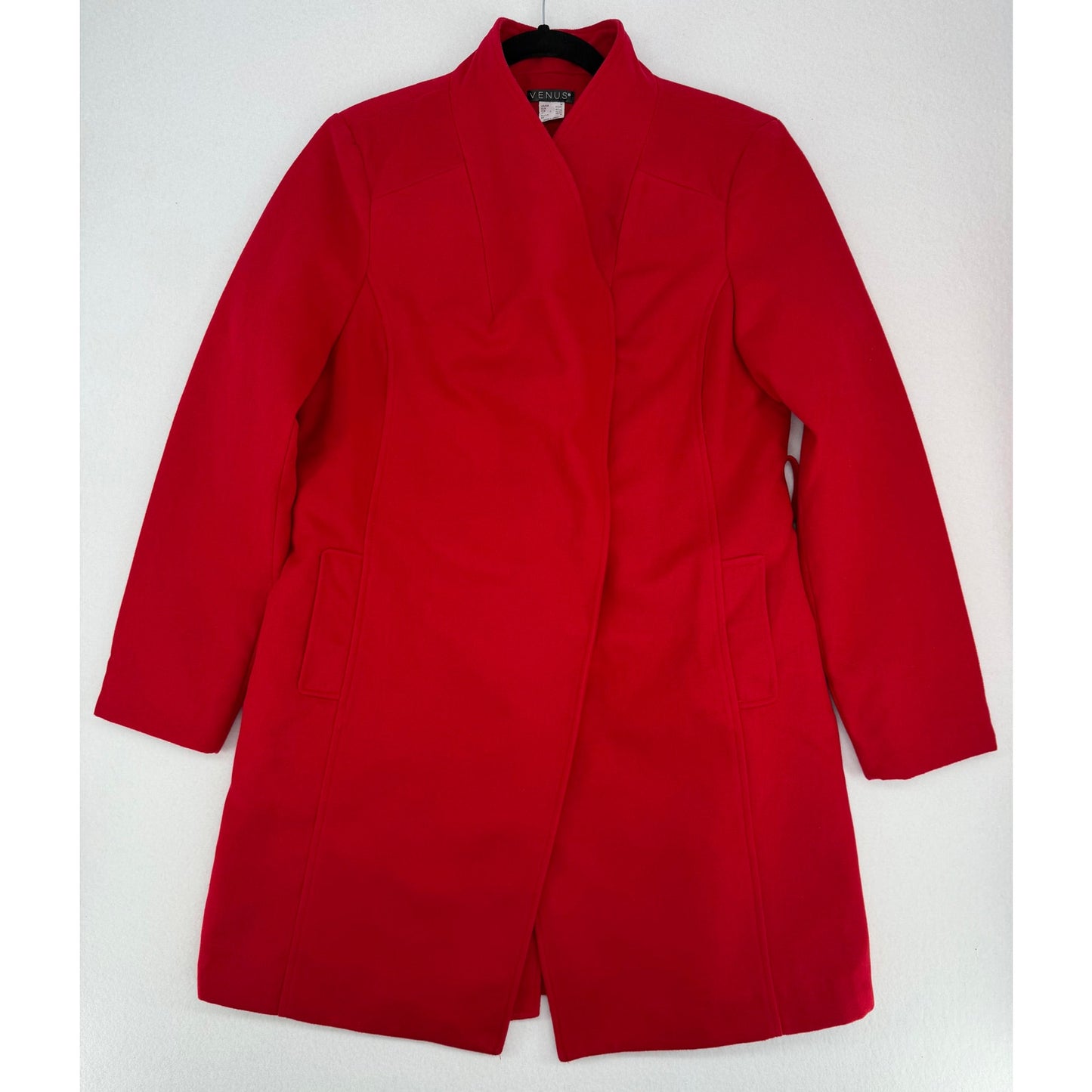 Venus Red Belted Snap Front Lined Winter Trenchcoat Pockets Holiday Faux Wool M
