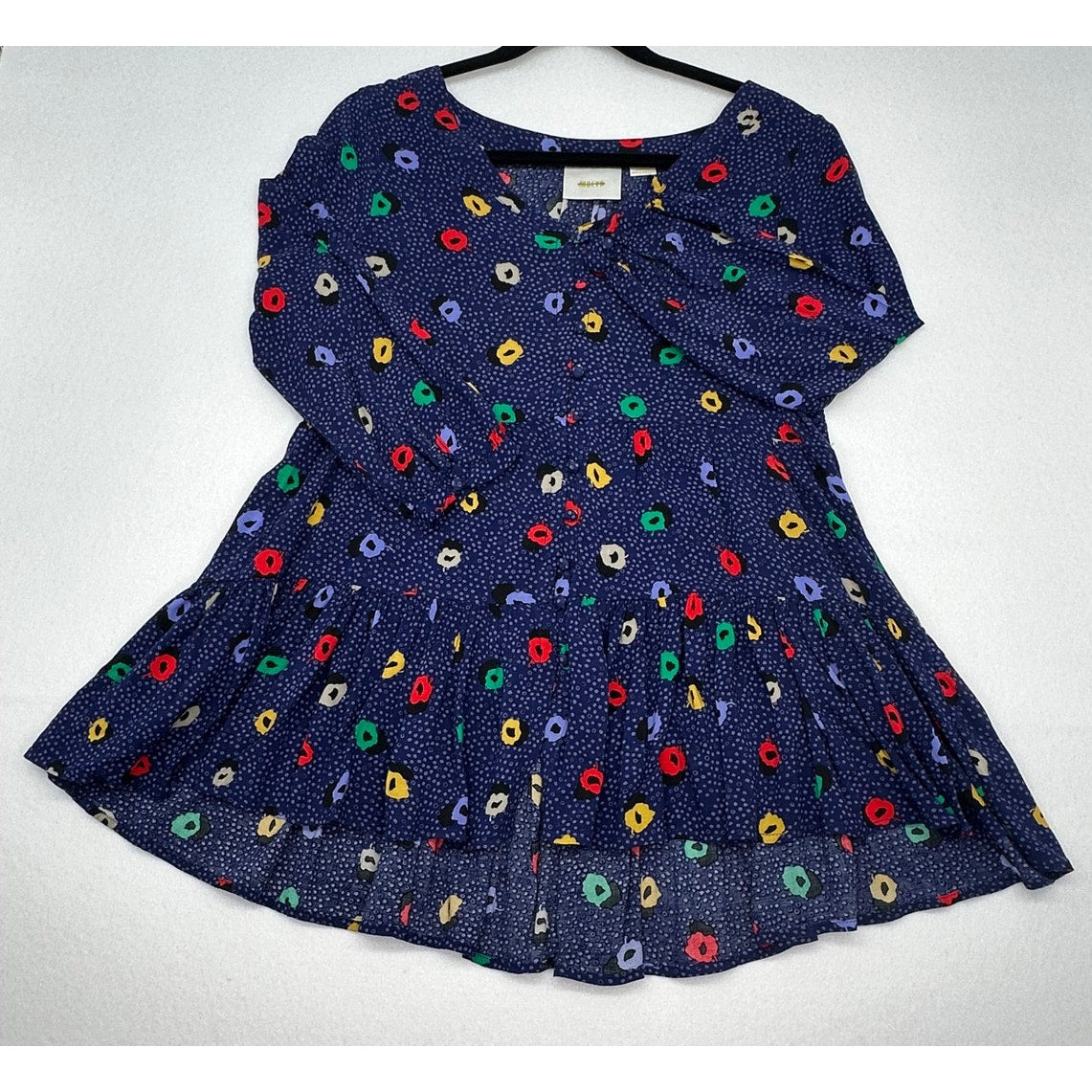 MAEVE Anthropologie Blue Polka Dot Peplum 3/4 Sleeve Hi Low Blouse w/ pockets S