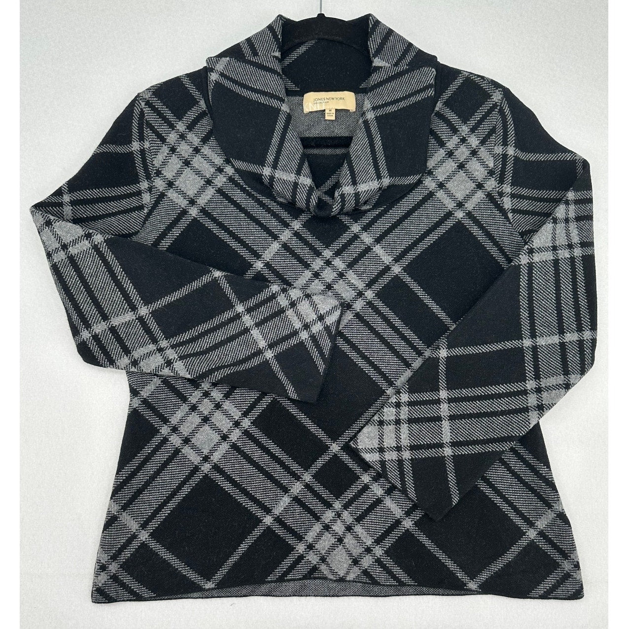 Jones New York Collection Black Gray Plaid Cowl Neck Sweater M