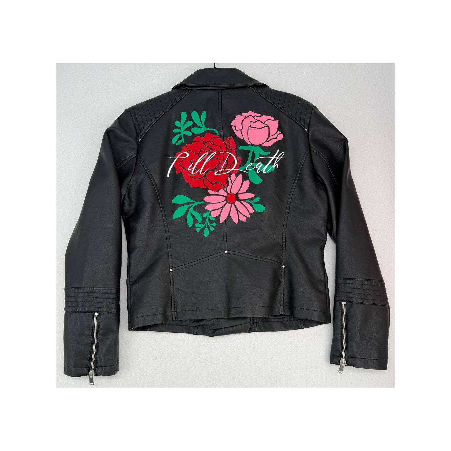 Fahsyee Black Vegan Leather Moto Biker Jacket Roses and Till Death L