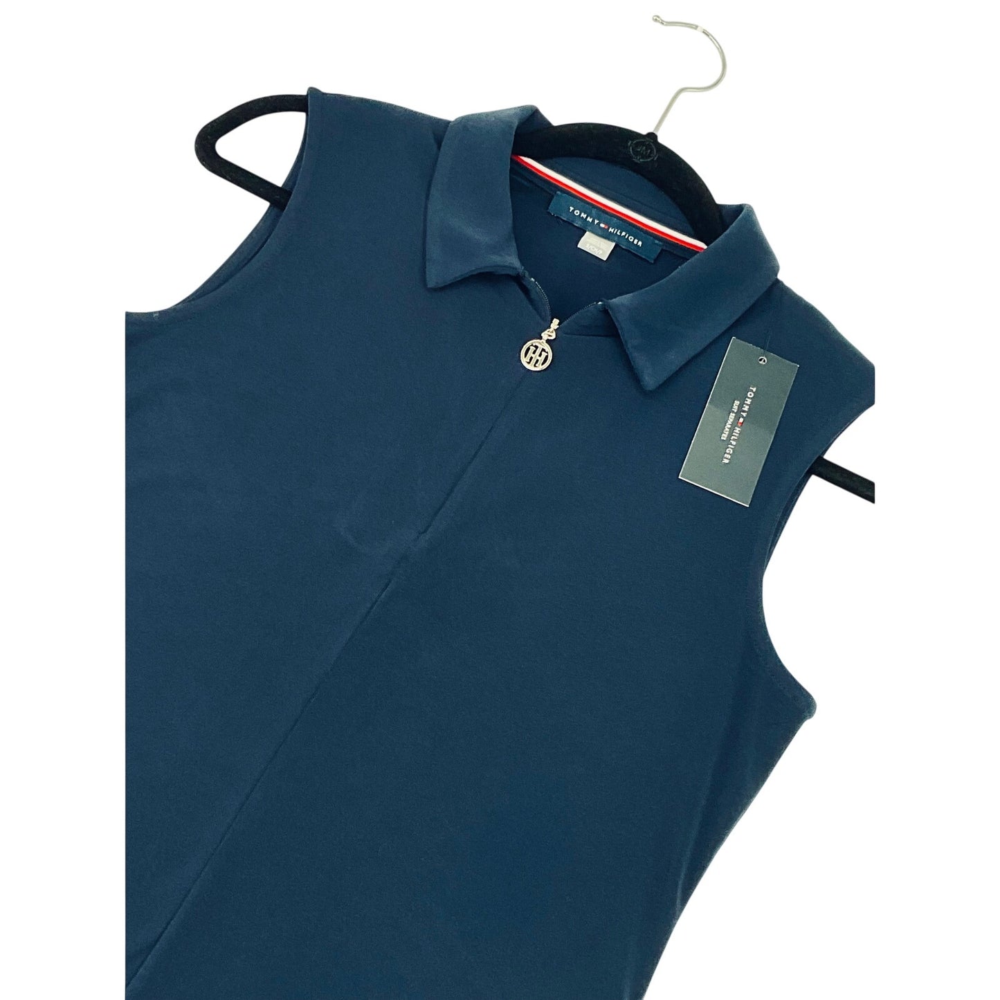 Tommy Hilfiger Navy Half-Zip Sleeveless Nautical Silver Accent Blouse NWT S