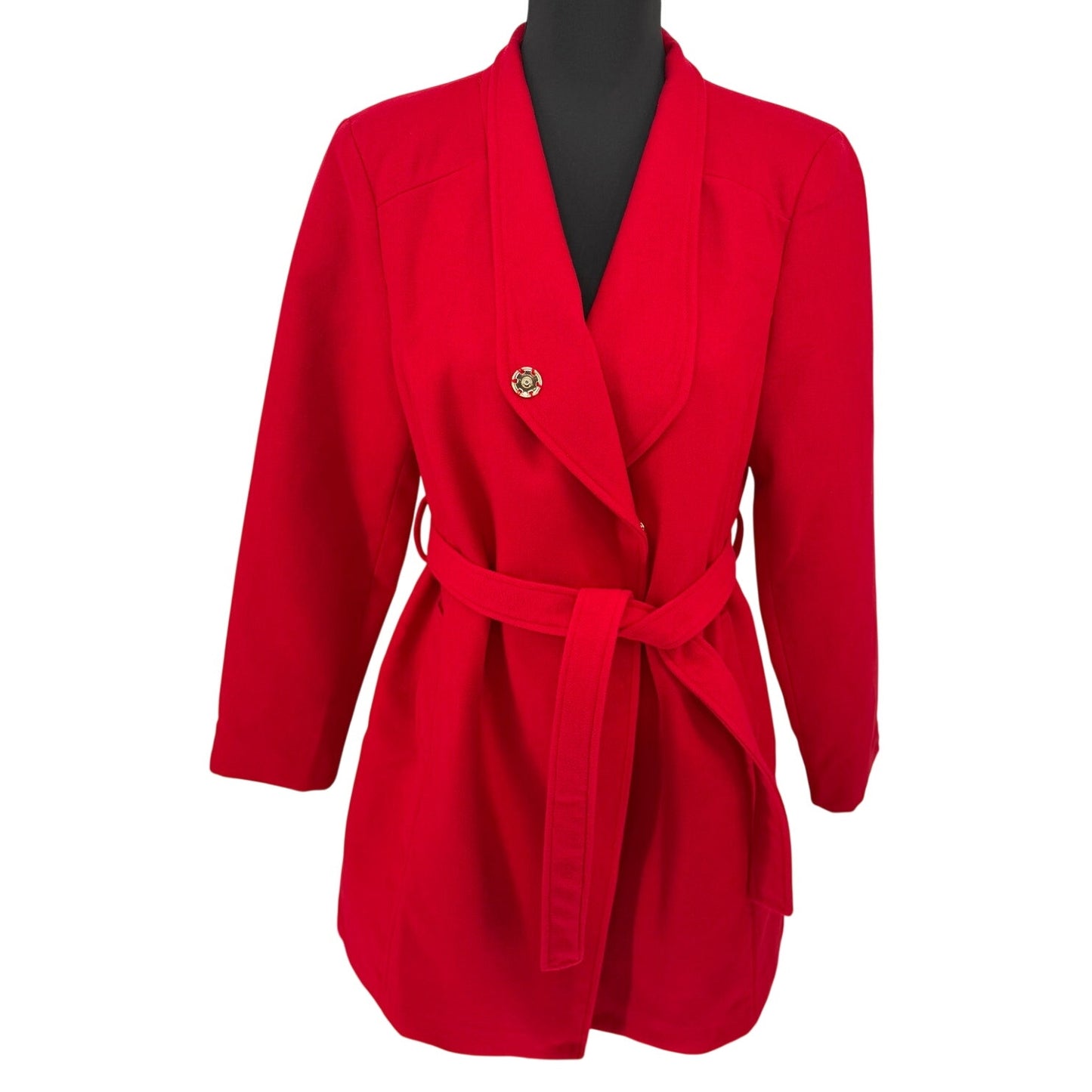 Venus Red Belted Snap Front Lined Winter Trenchcoat Pockets Holiday Faux Wool M
