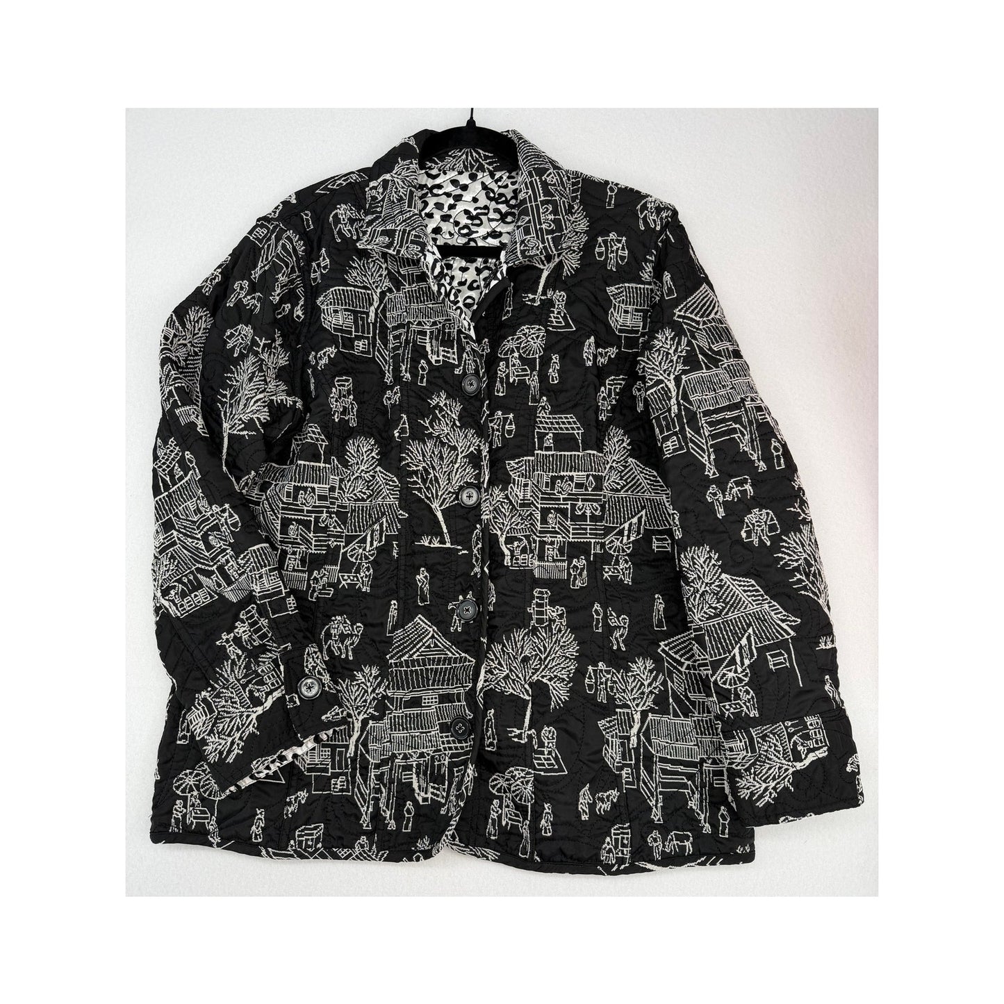 Chicos Pagoda Asian Black White Silk Blend Reversible Embroidered Jacket  4 XXL/20