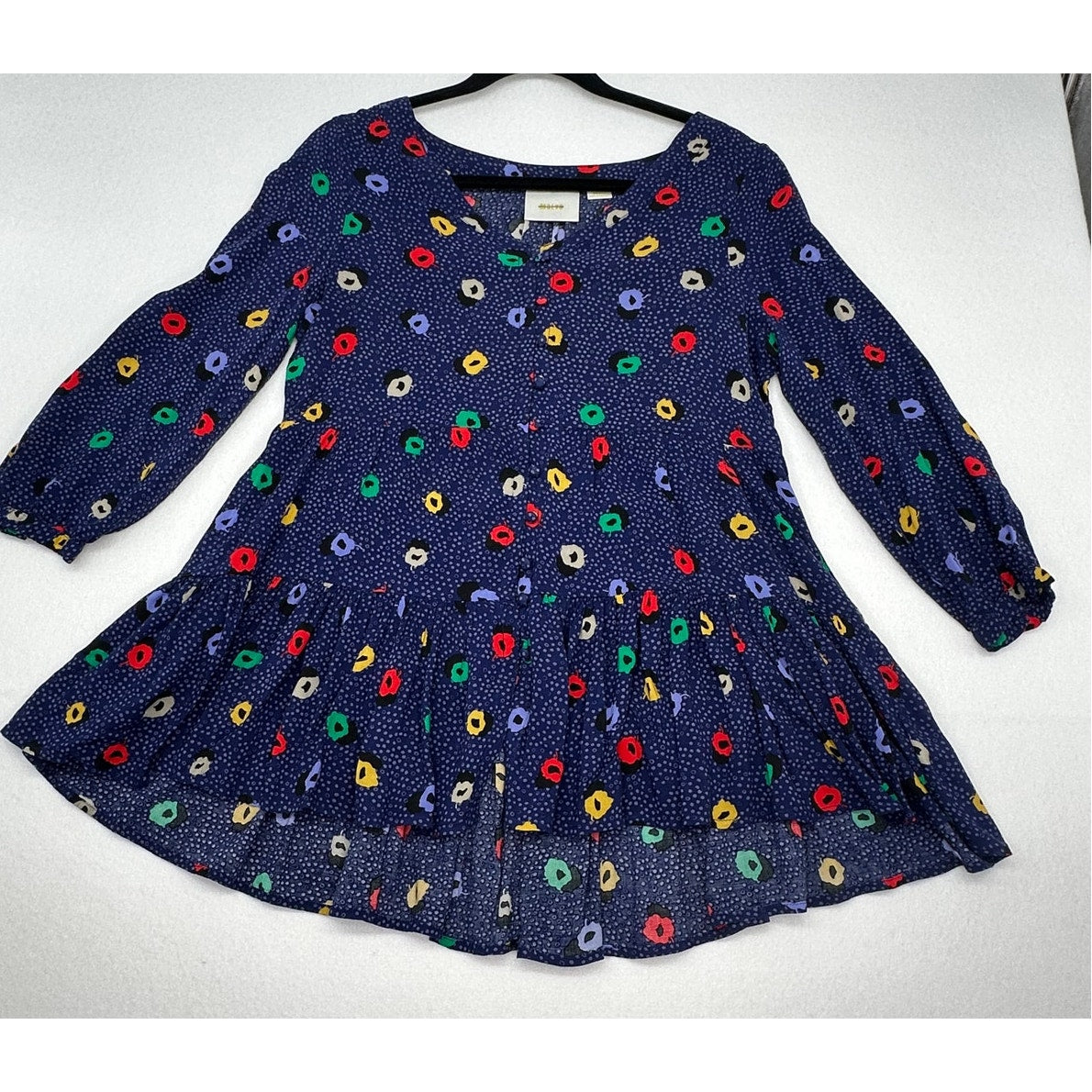 MAEVE Anthropologie Blue Polka Dot Peplum 3/4 Sleeve Hi Low Blouse w/ pockets S
