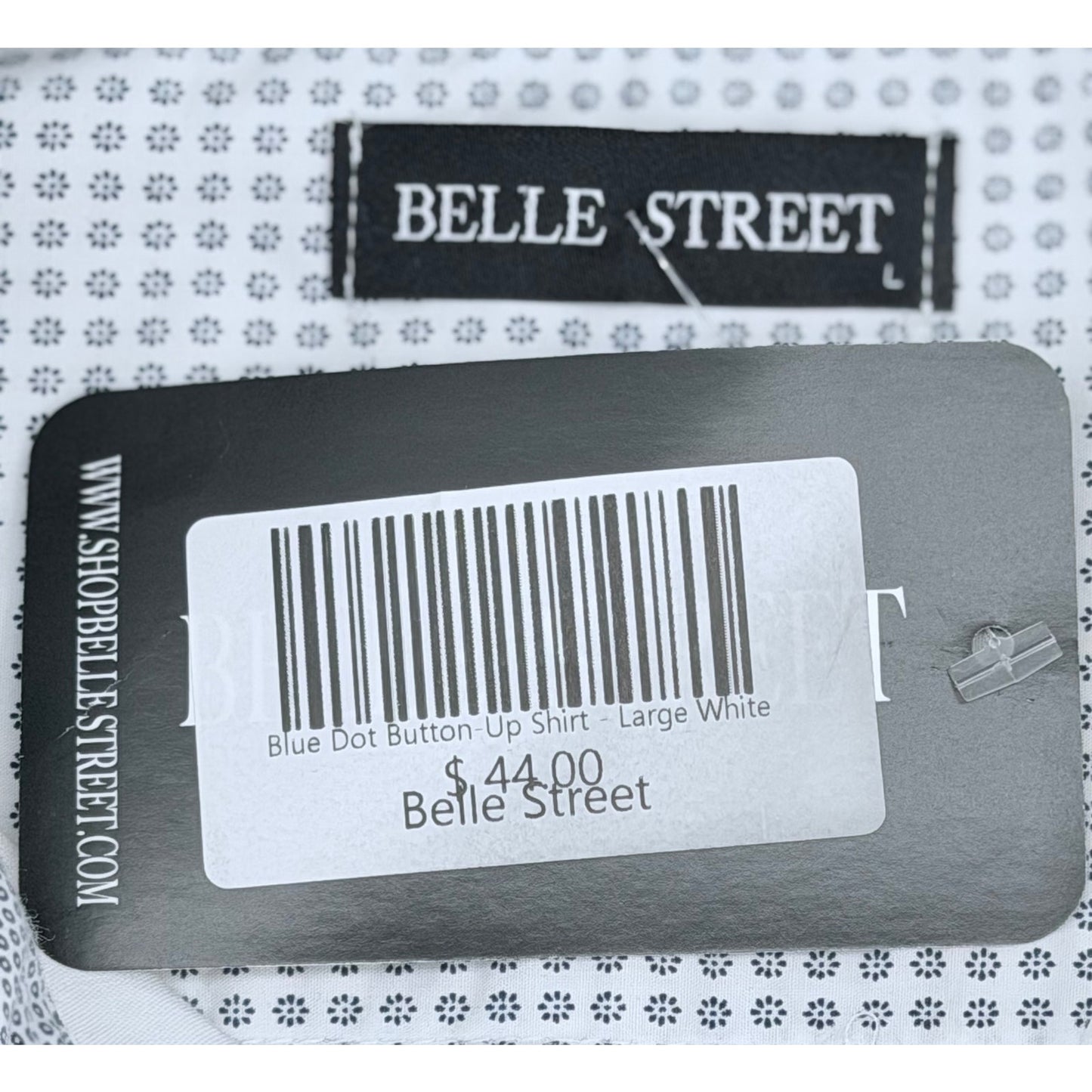 Belle Street White Blue Dot Pattern Button Up Short Sleeve Casual Shirt L NWT