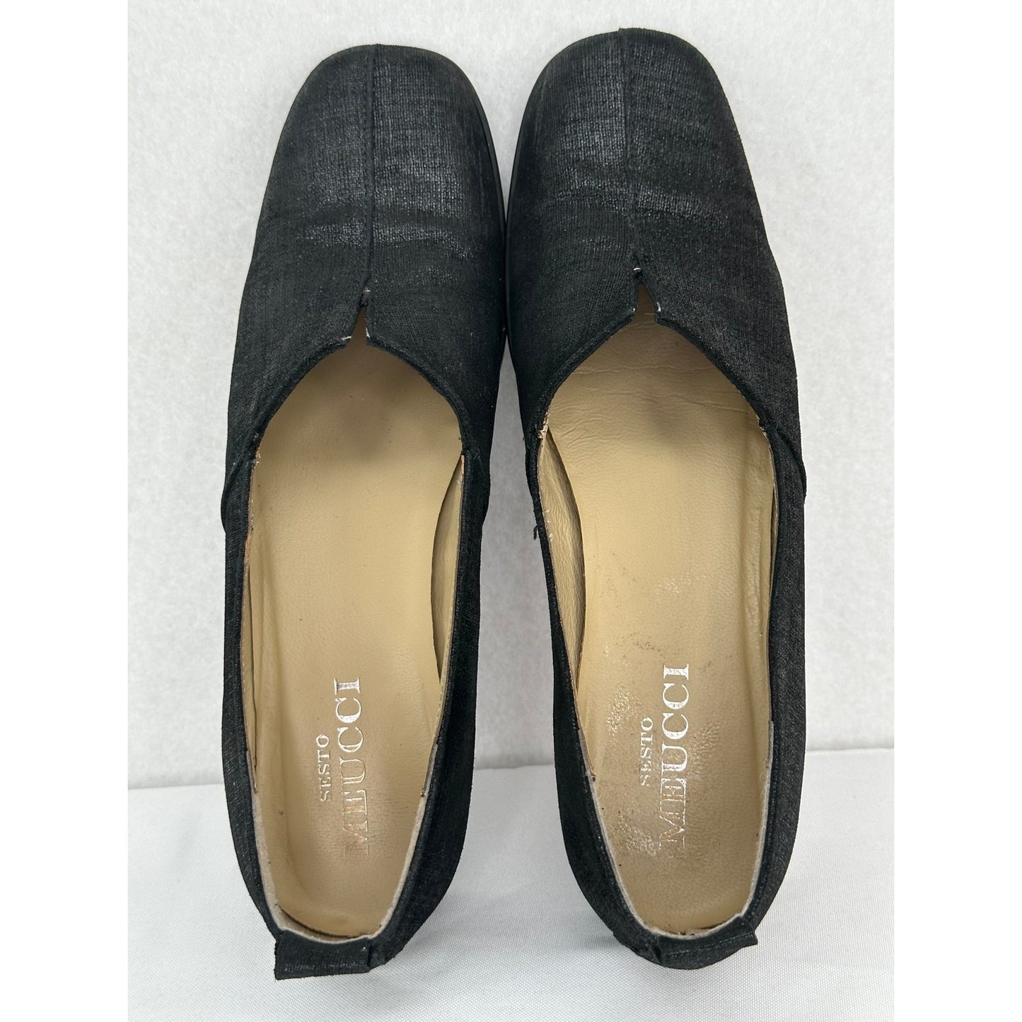 Sesto Meucci Italian Designer Black Shimmer Mini-Heel Slip On Loafers 7N