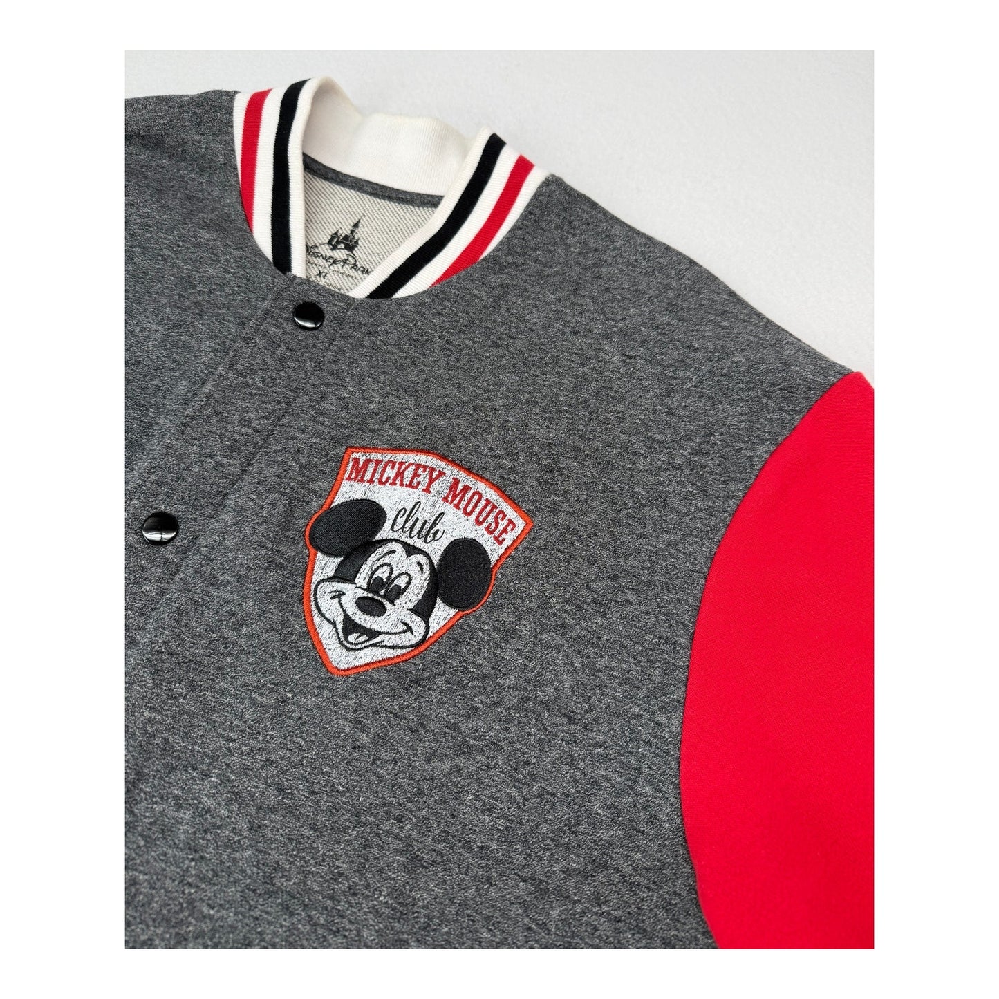 Disney Parks Mickey Mouse Club Jacket  Gray Red Varsity Snap Mens XL