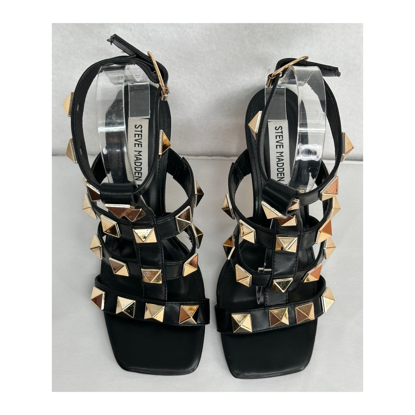 Steve Madden Buker Black Sandal Heels with Gold Studs Ankle Strap Buckle 7M