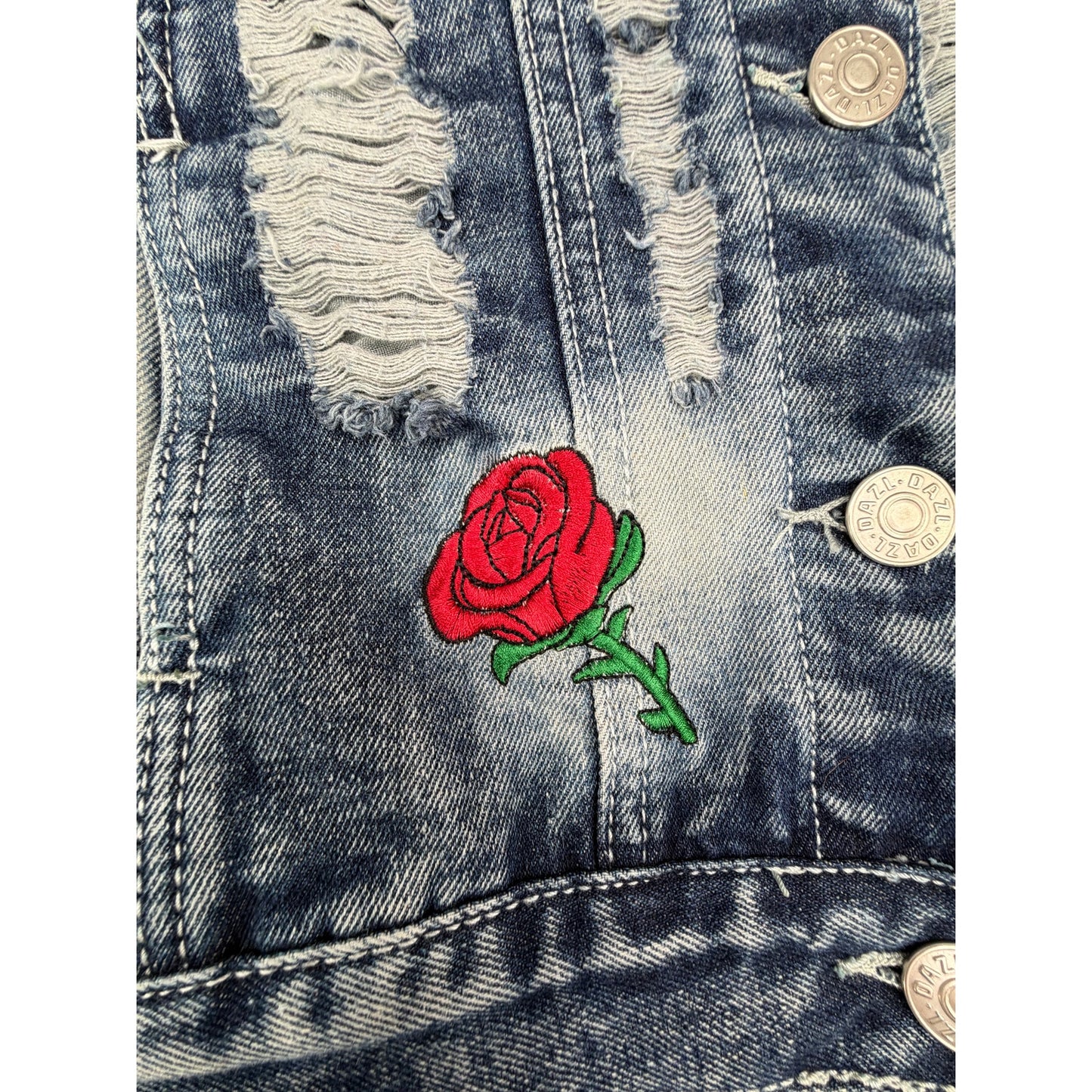 Dazl Distressed Grunge Rock Ripped 80s Denim Embroidered Patches Jean Jacket 2X
