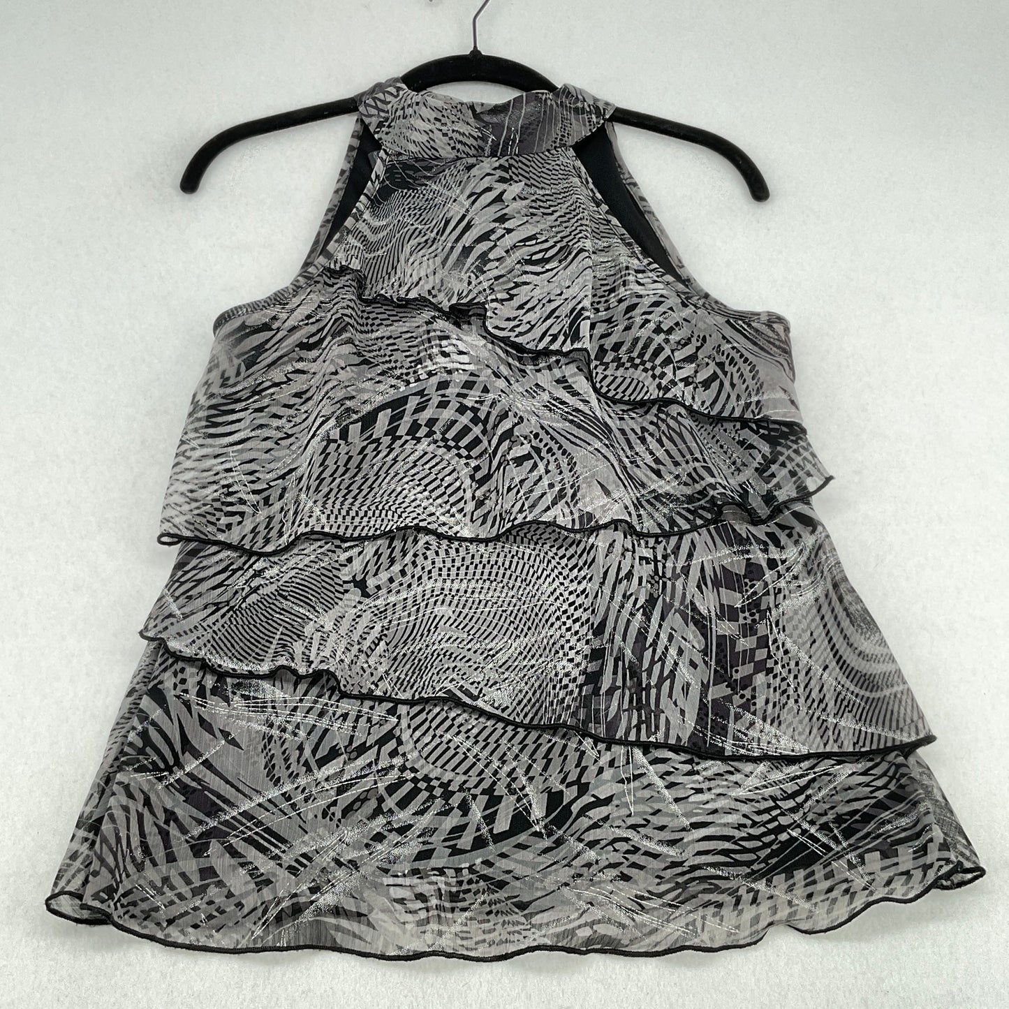 iZ Byer Metallic Gray/Black Design Sleeveless Ruffle Tier Top Women's S