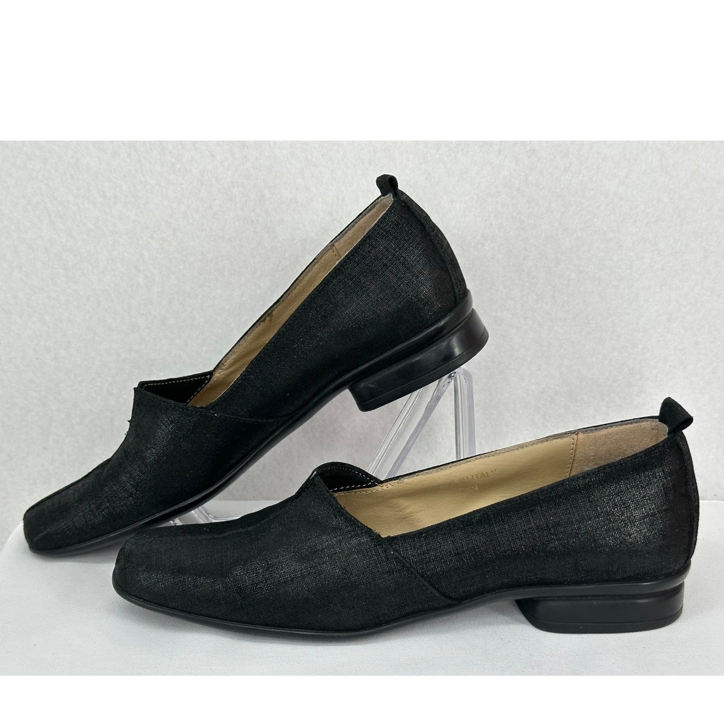 Sesto Meucci Italian Designer Black Shimmer Mini-Heel Slip On Loafers 7N