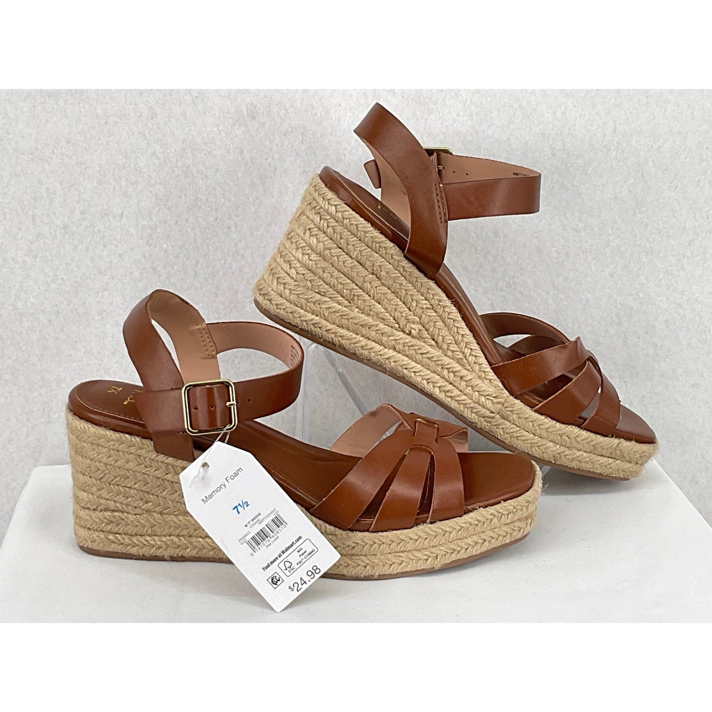 Time and Tru Cognac Espadrilles Ankle Strap Memory Foam Wedges NWT 7.5