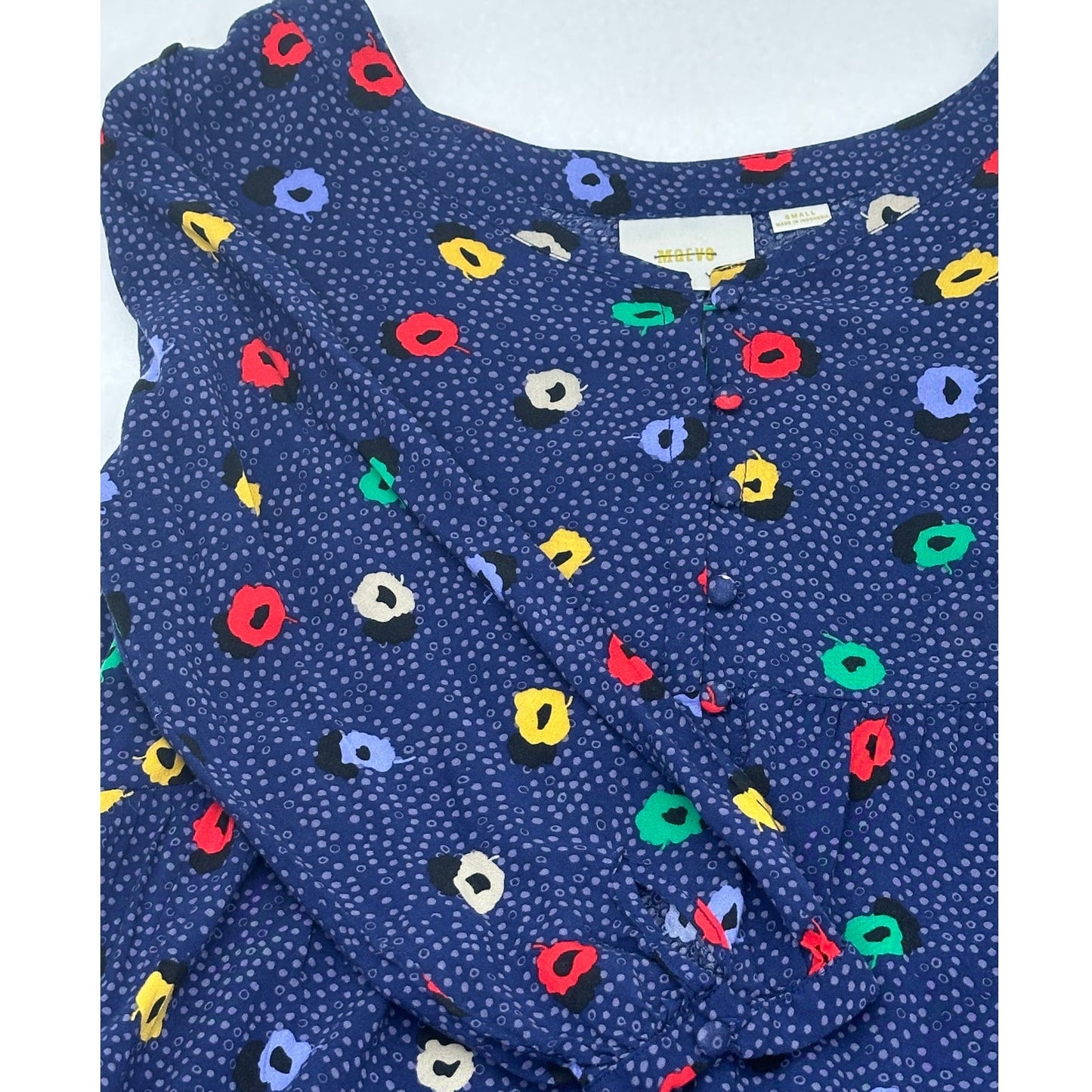 MAEVE Anthropologie Blue Polka Dot Peplum 3/4 Sleeve Hi Low Blouse w/ pockets S