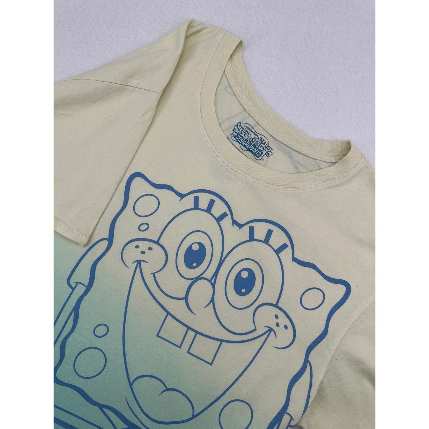 Nickelodeon Sponge Bob Square Pants Yellow Teal Ombre Crop T Shirt XL