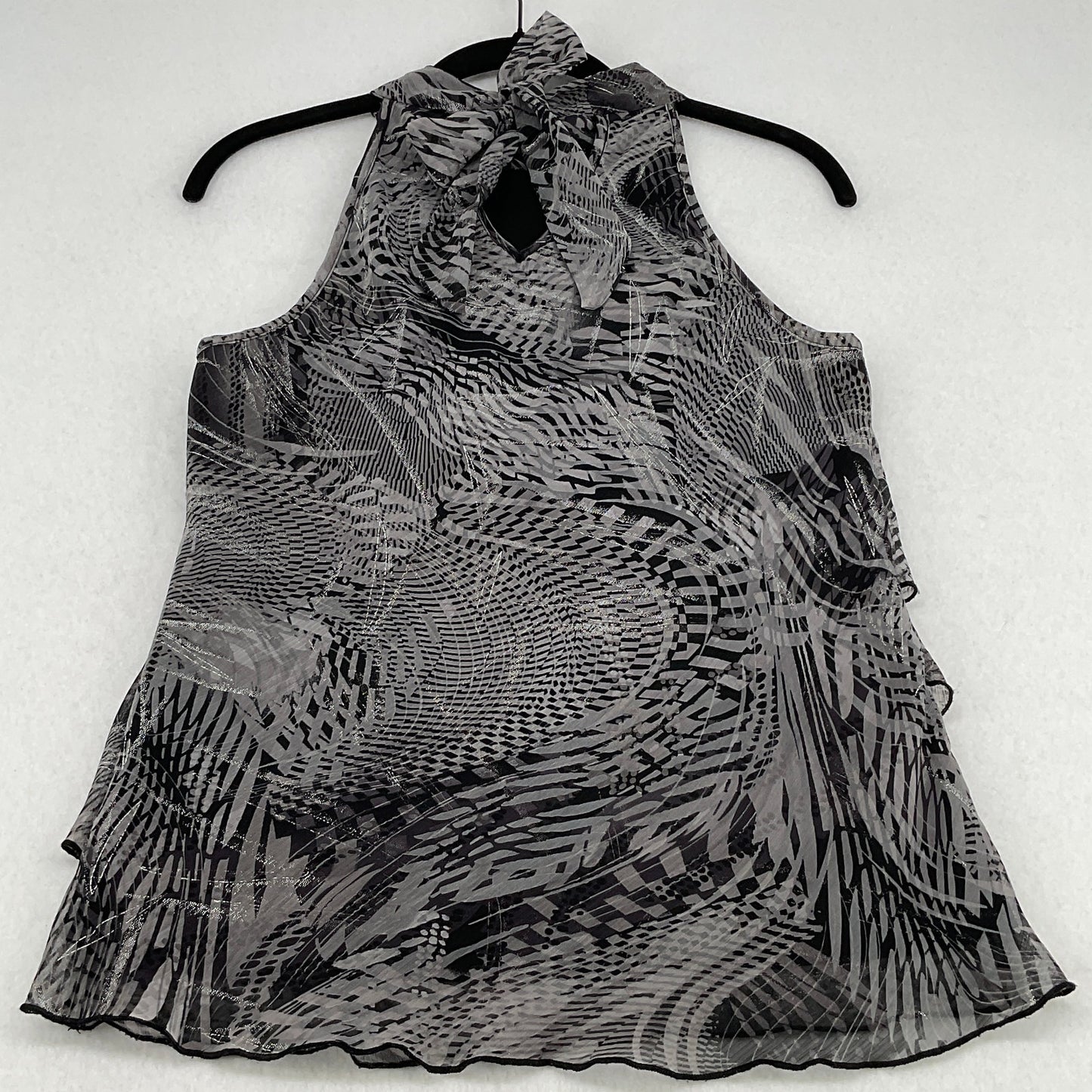 iZ Byer Metallic Gray/Black Design Sleeveless Ruffle Tier Top Women's S