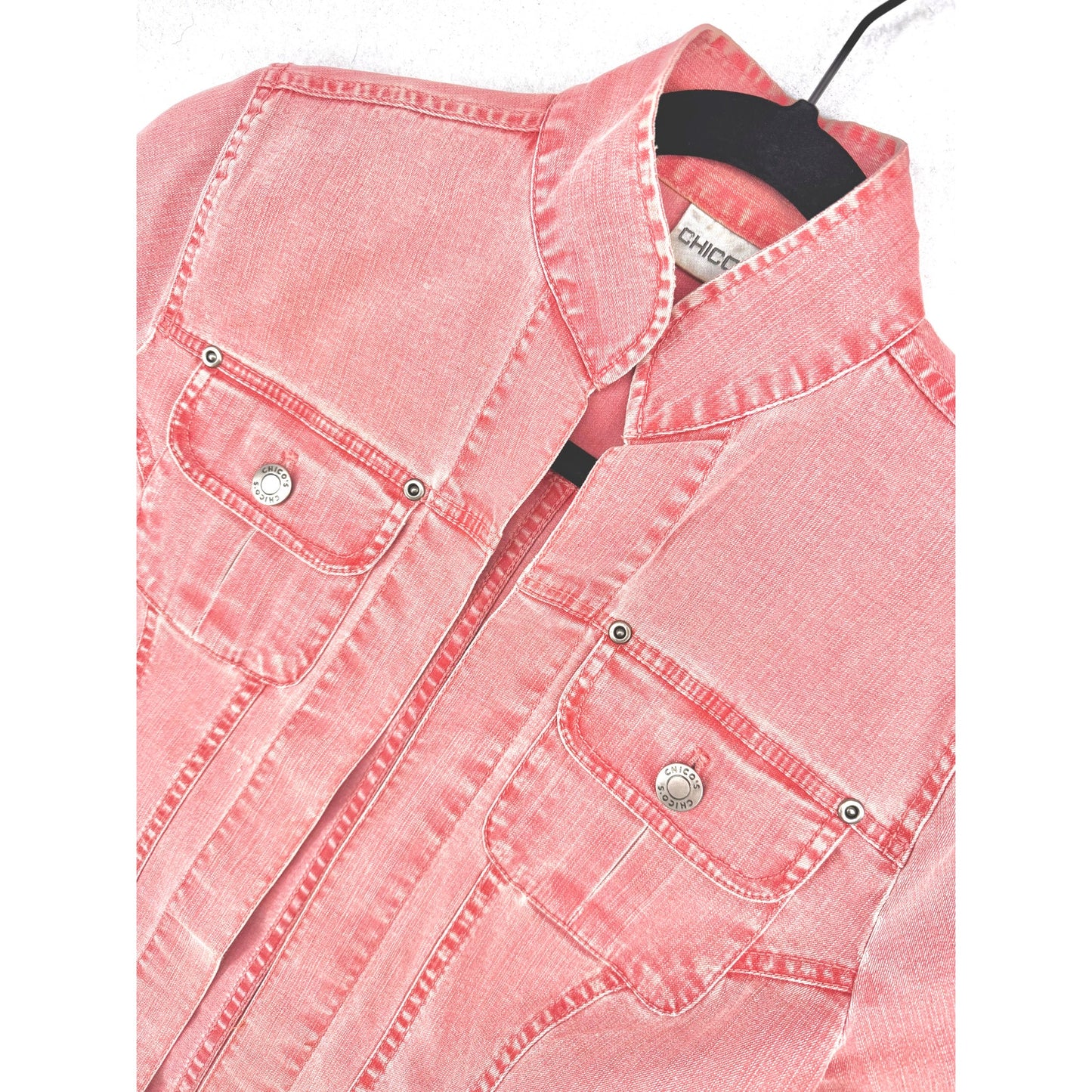 Chico's Red Coral Wash Stretch Open Front Jean Denim Trucker Jacket 0