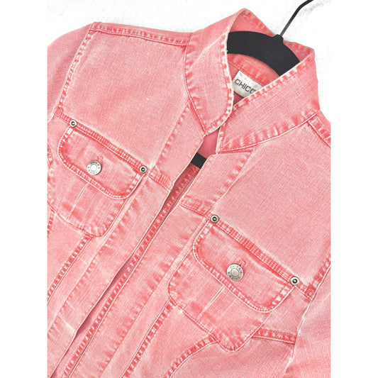 Chico's Red Coral Wash Stretch Open Front Jean Denim Trucker Jacket 0