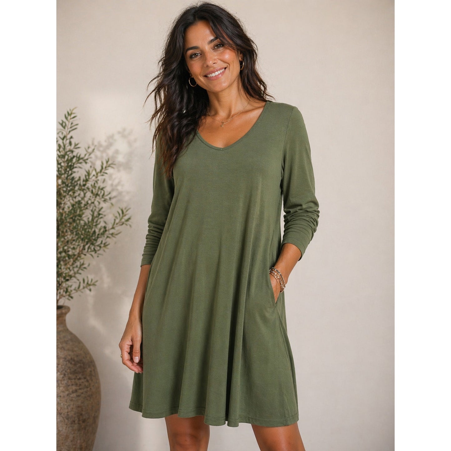 Dearcase Olive Green V Neck Jersey Knit T-shirt Long Sleeve Swing Dress NWT XL