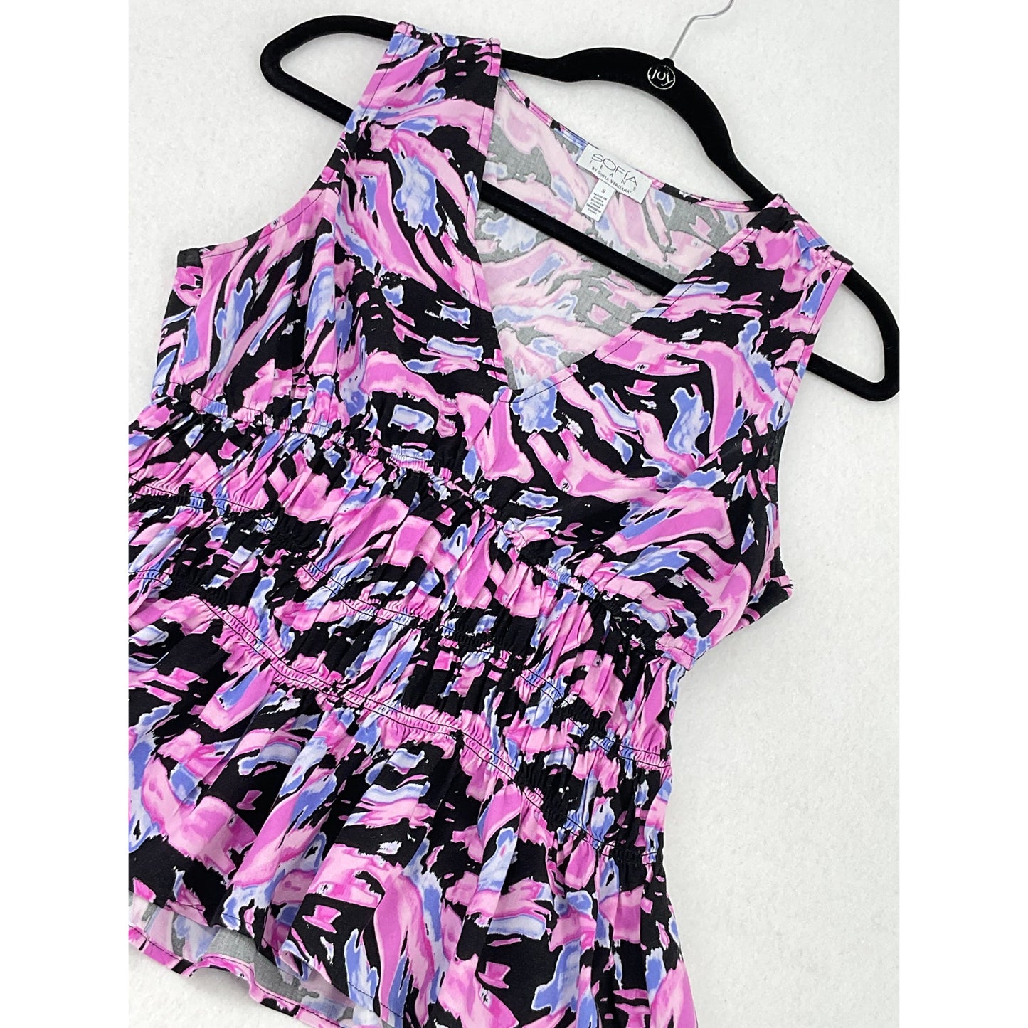 Sofia Jeans Black Pink Purple Print Smocked Waist Peplum Sleeveless Top S