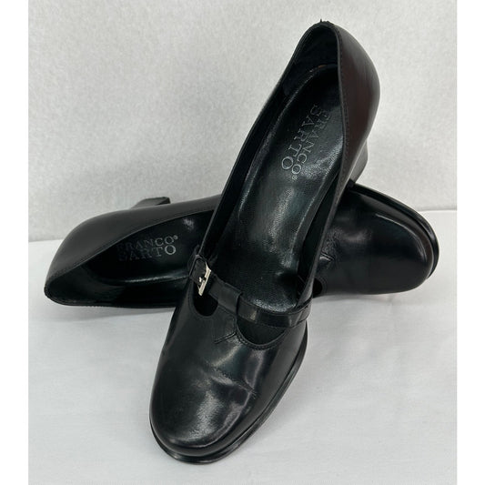 Franco Sarto Black Leather Mary Jane T Strap Round Toe Chunky Block Heels 7M