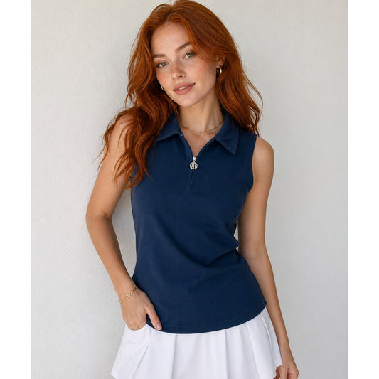 Tommy Hilfiger Navy Half-Zip Sleeveless Nautical Silver Accent Blouse NWT S