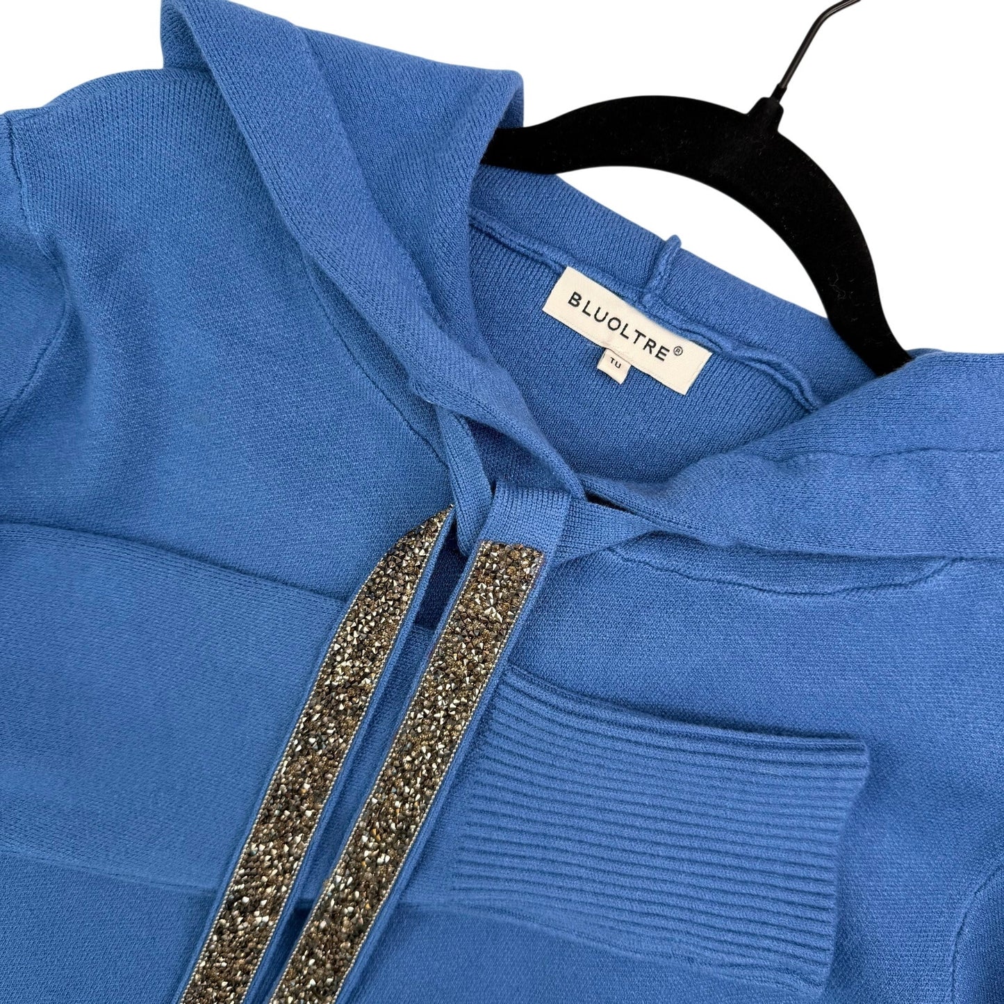 Bluoltre Blue Hooded Knit Top with Embellished Ties NWT