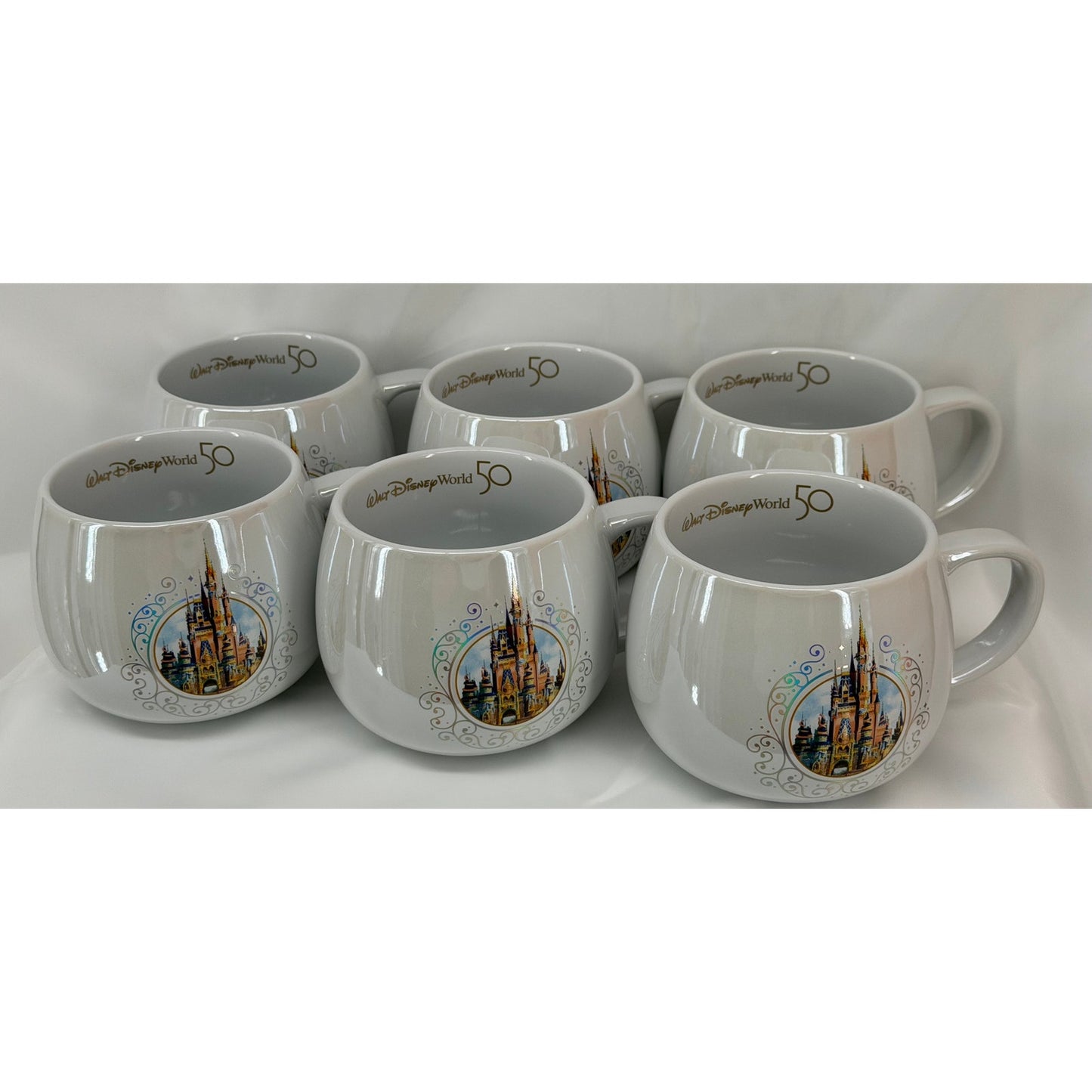 Walt Disney World 50th Anniversary Coffee Cup Mugs Stoneware - Gold Trim Set 6
