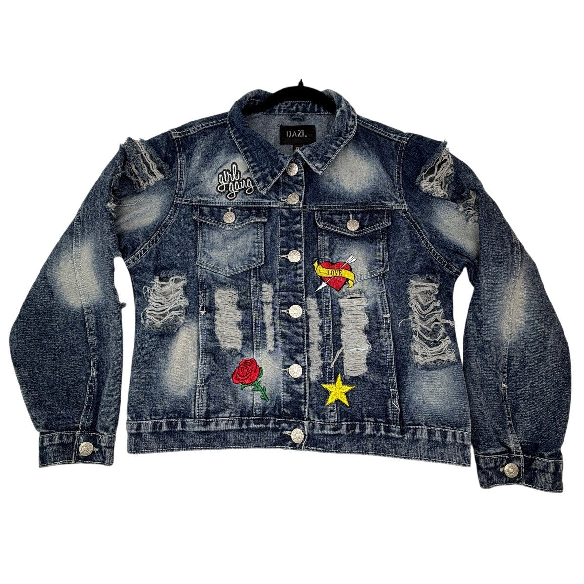 Dazl Distressed Grunge Rock Ripped 80s Denim Embroidered Patches Jean Jacket 2X