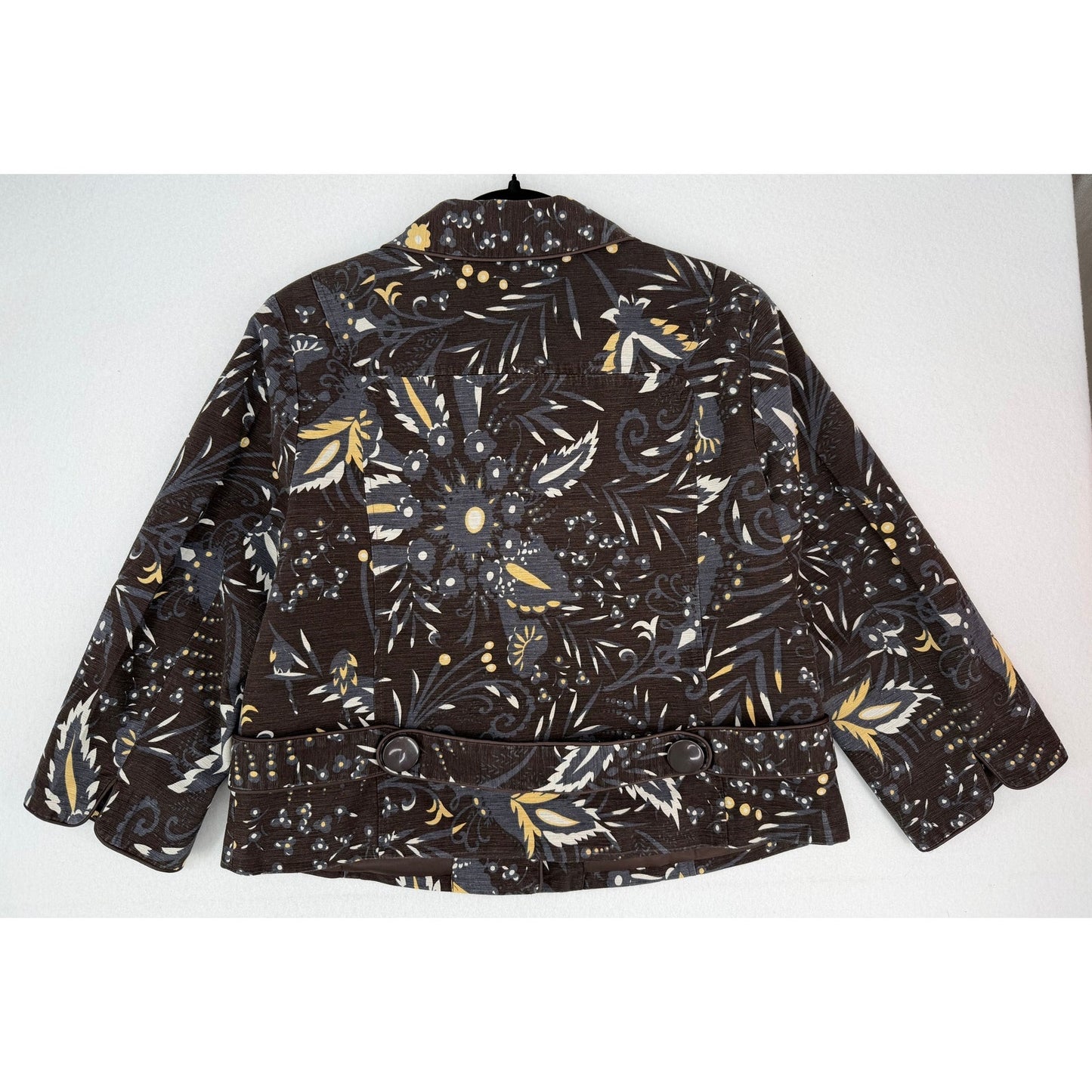 Silk Land Brown Leaf Patterned 100% Silk Button Up 3/4 Sleeve Jacket Blazer XL