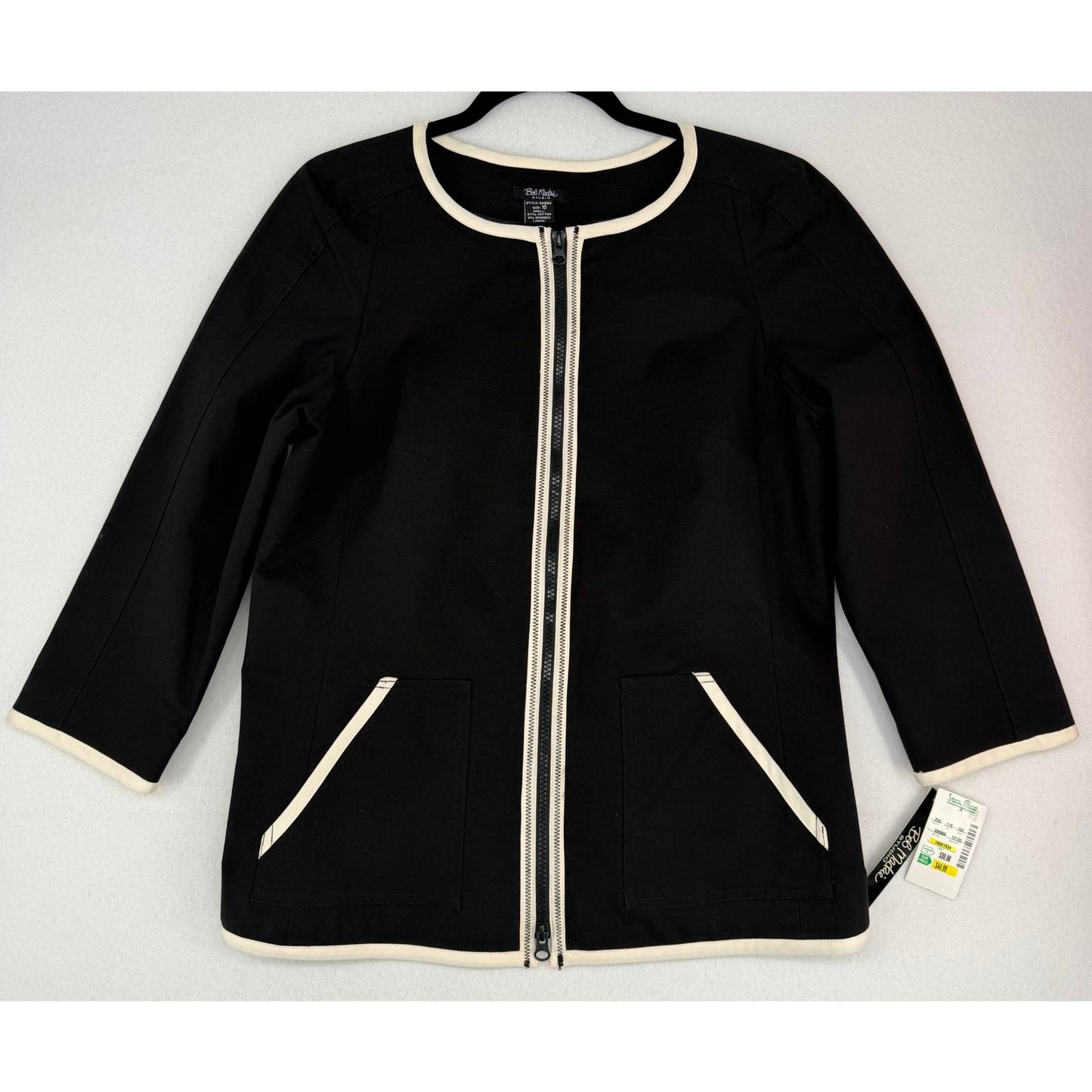 Bob Mackie Studio Black with Cream Trim Full Zip Blazer Jacket NWT 10
