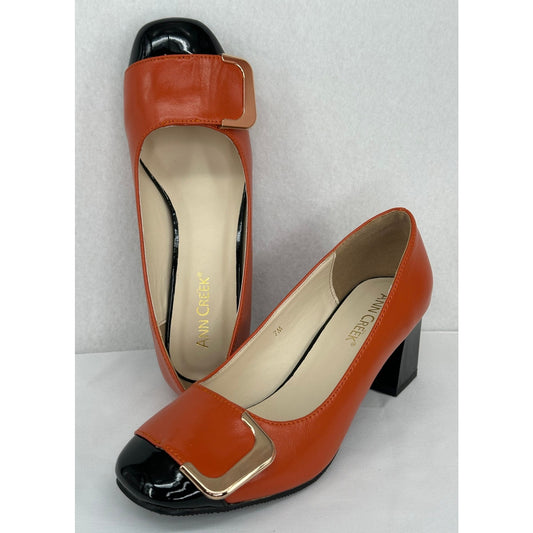 Ann Creek NWOT Angela Orange Black Square Toe Chunky Heel Pumps 7M