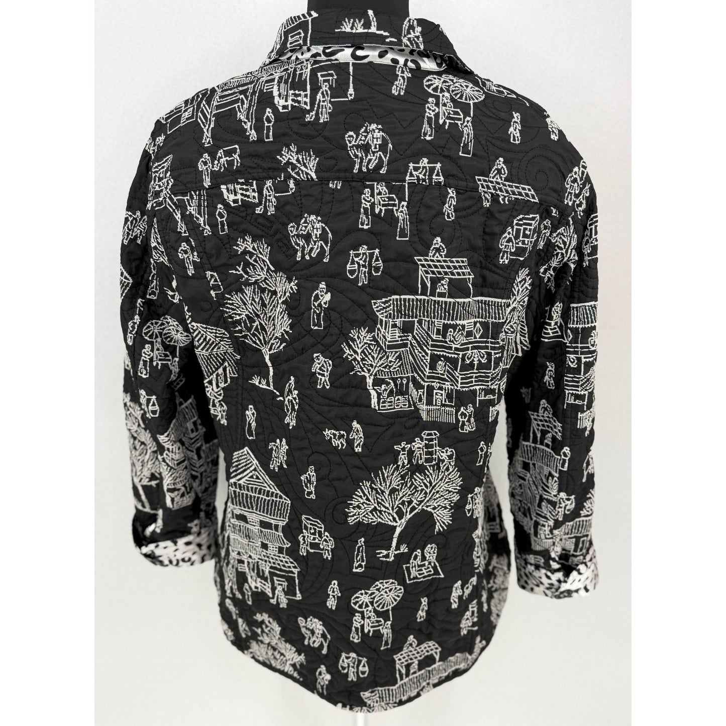 Chicos Pagoda Asian Black White Silk Blend Reversible Embroidered Jacket  4 XXL/20