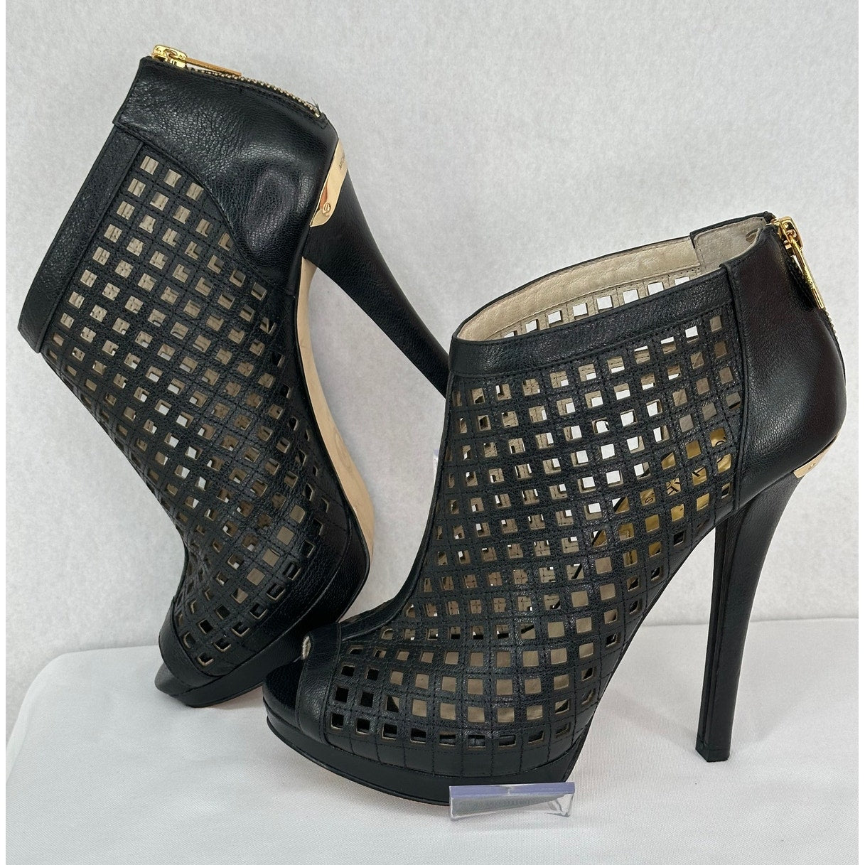 Michael Kors Black Gold Graham Peep Toe Perforated Leather 5" Heel Bootie 8M
